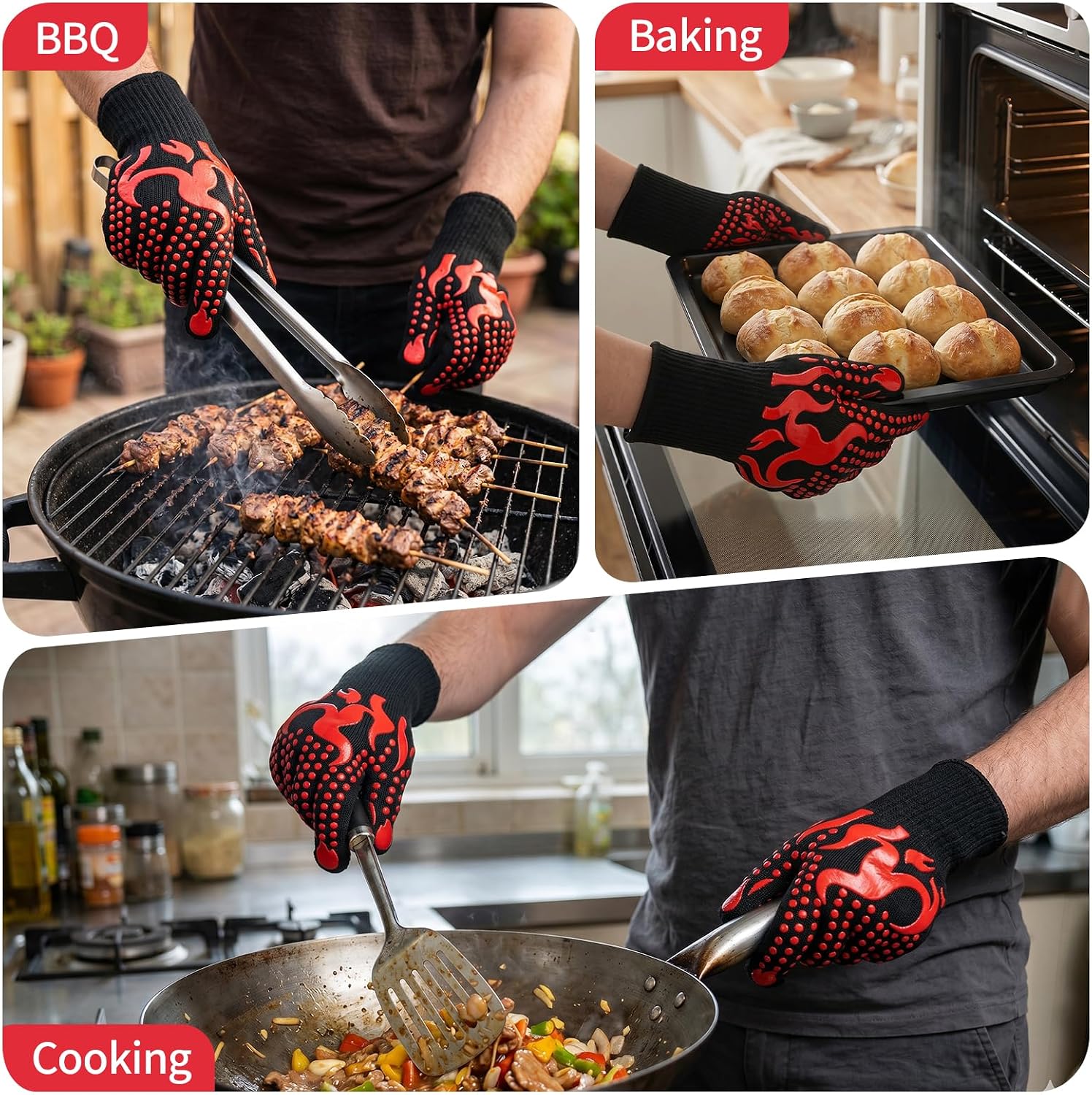 Detalle de BBQ Gloves: 800°C Extreme Heat Resistant Oven Gloves with Fingers (Set of 2)