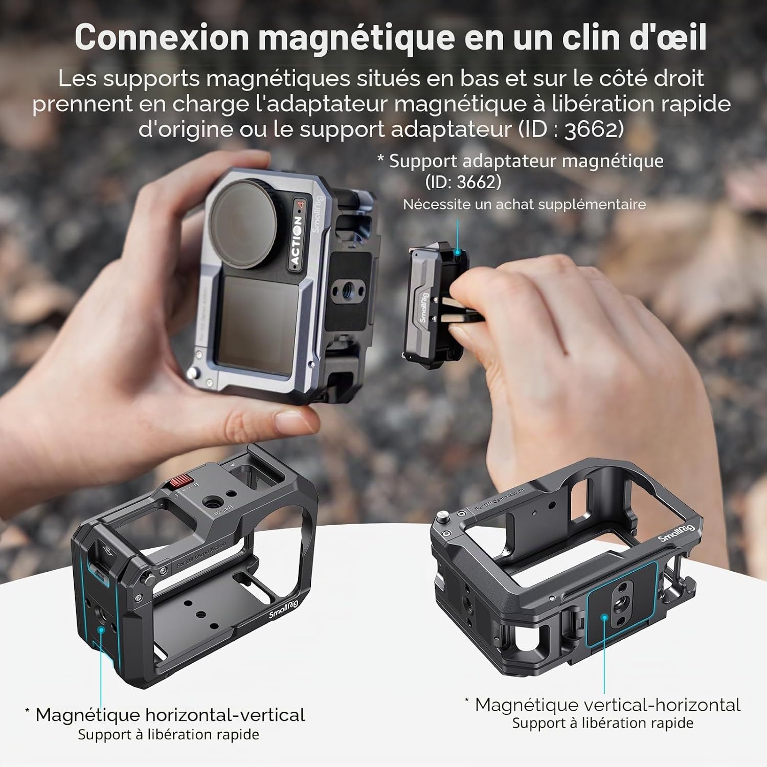 Detalle de SMALLRIG Cage pour DJI Action 4/3 et DJI Mic 4119C : protection et montage polyvalent