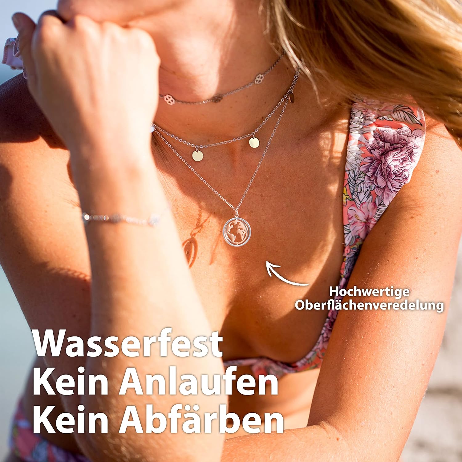 Detalle de BONNYBIRD Wasserfeste Edelstahl Halskette Damen – Weltkugel Anhänger in Silber, Gold & Roségold