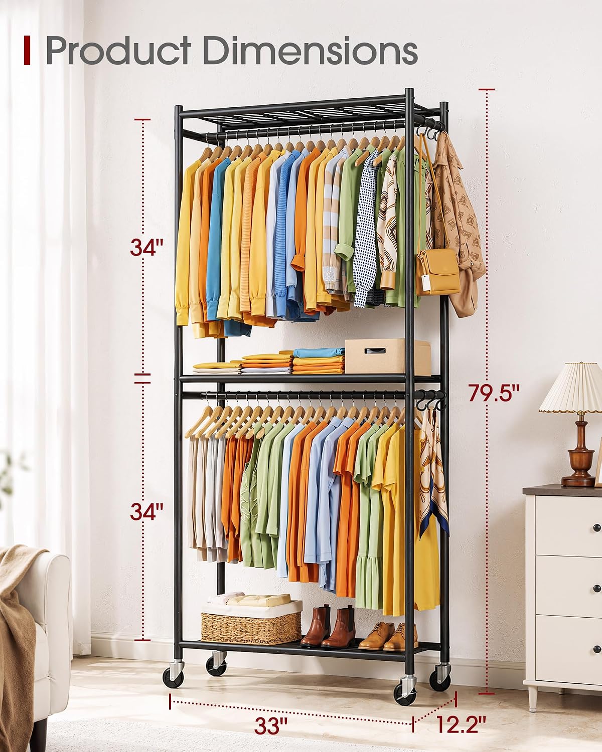 Detalle de Sakugi Clothes Rack with Shelves & Wheels (Black) 33.0" x 12.2" x 79.5