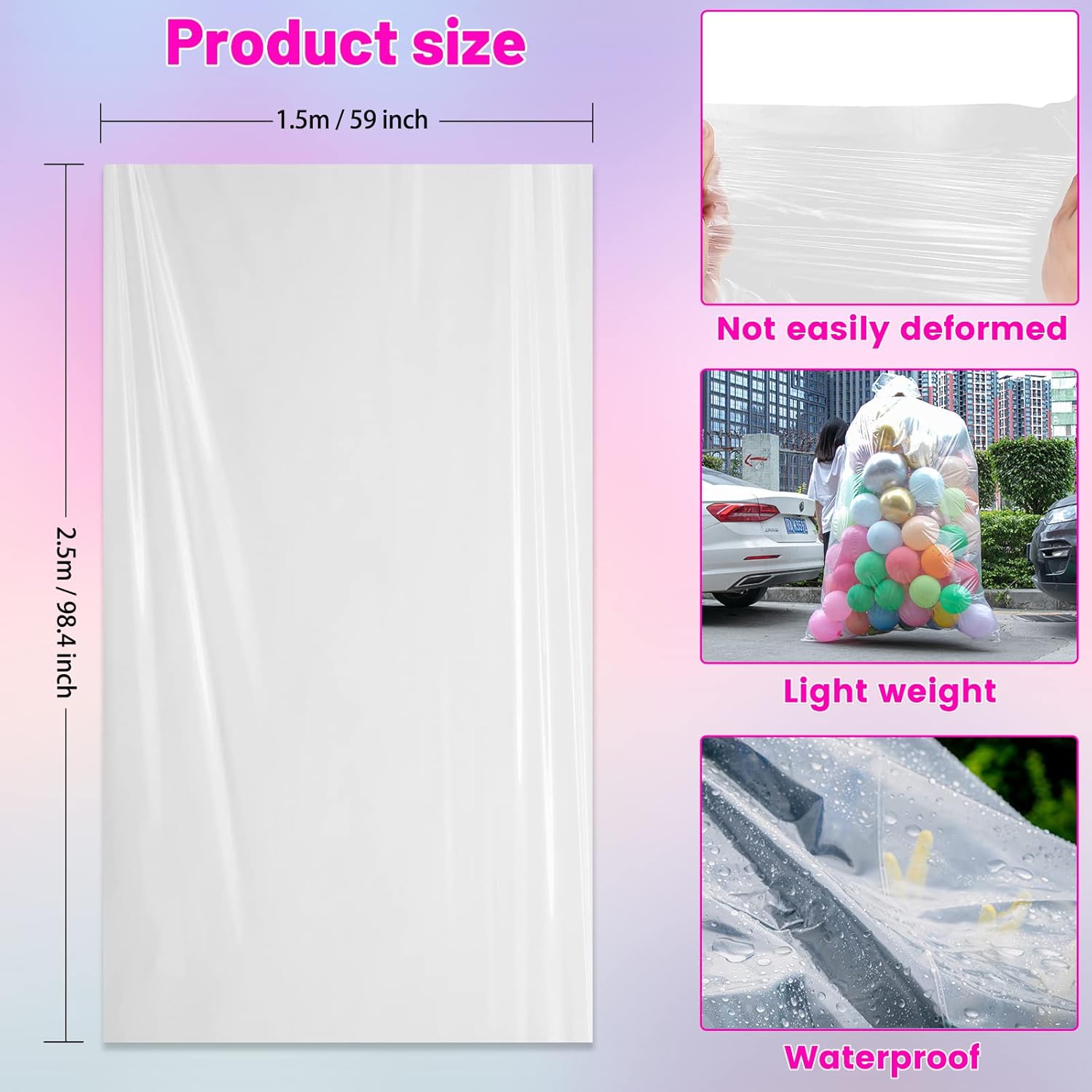 Thumbnail 1 de 4-Pack 98.4 x 59.1-Inch Clear Balloon Transport Storage Bags (Giant Reusable Plastic Drop Bags)