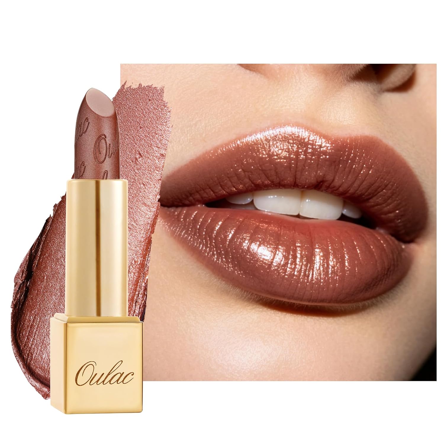 Detalle de OULAC Lippenstift Metallic Glanz Finish „Me Time“ (24) – brauner Glitzer-Lippenstift mit 3D-Glanz, vegan