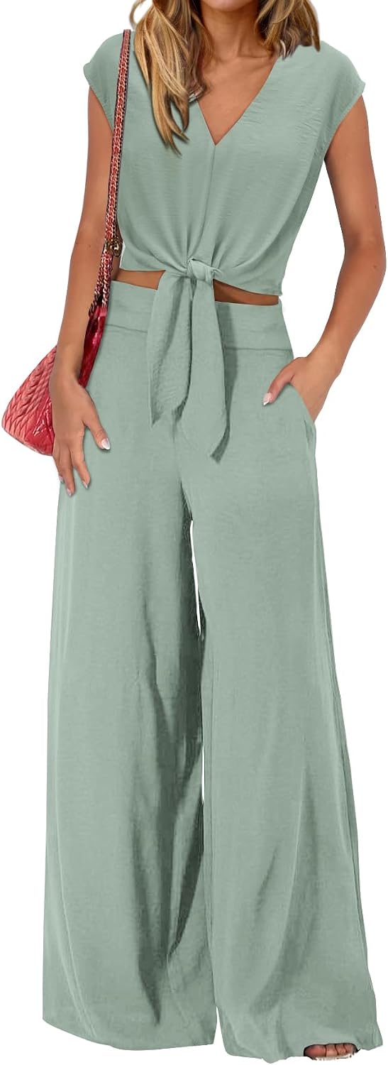 Detalle de PRETTYGARDEN Women’s Summer 2-Piece Outfit Set (Cap Sleeve V-Neck Crop Top & Wide-Leg Pants)