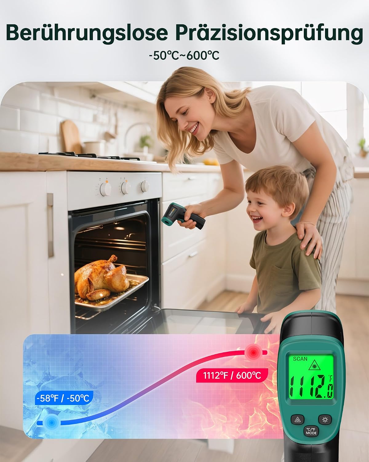Detalle de ERICKHILL Infrarot-Thermometer (Laser, -50 bis 600 °C) mit einstellbarem Emissionsgrad