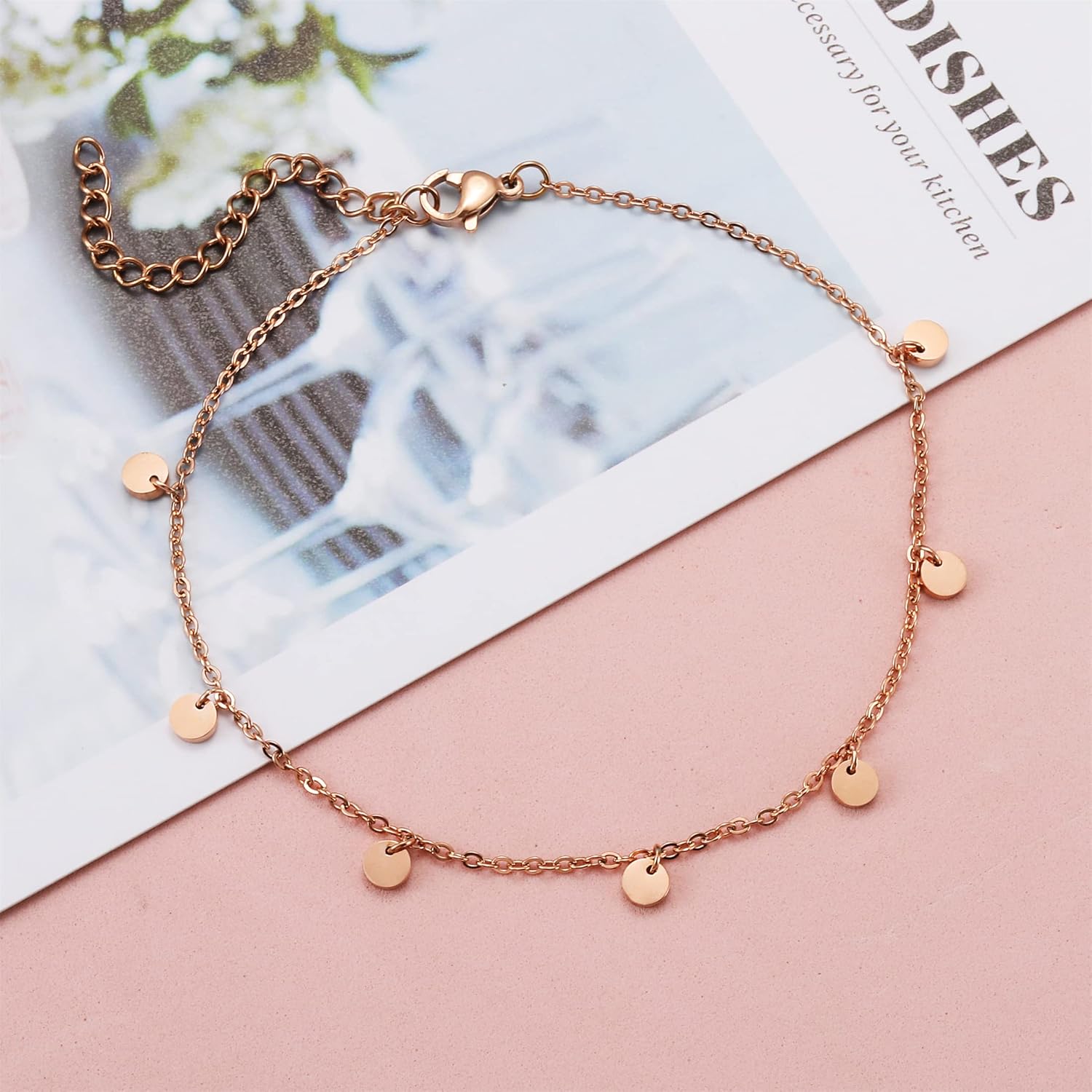 Detalle de RWQIAN Damen Fußkettchen – verstellbare Edelstahl-Kette, 20 cm + 4 cm, wasserfest