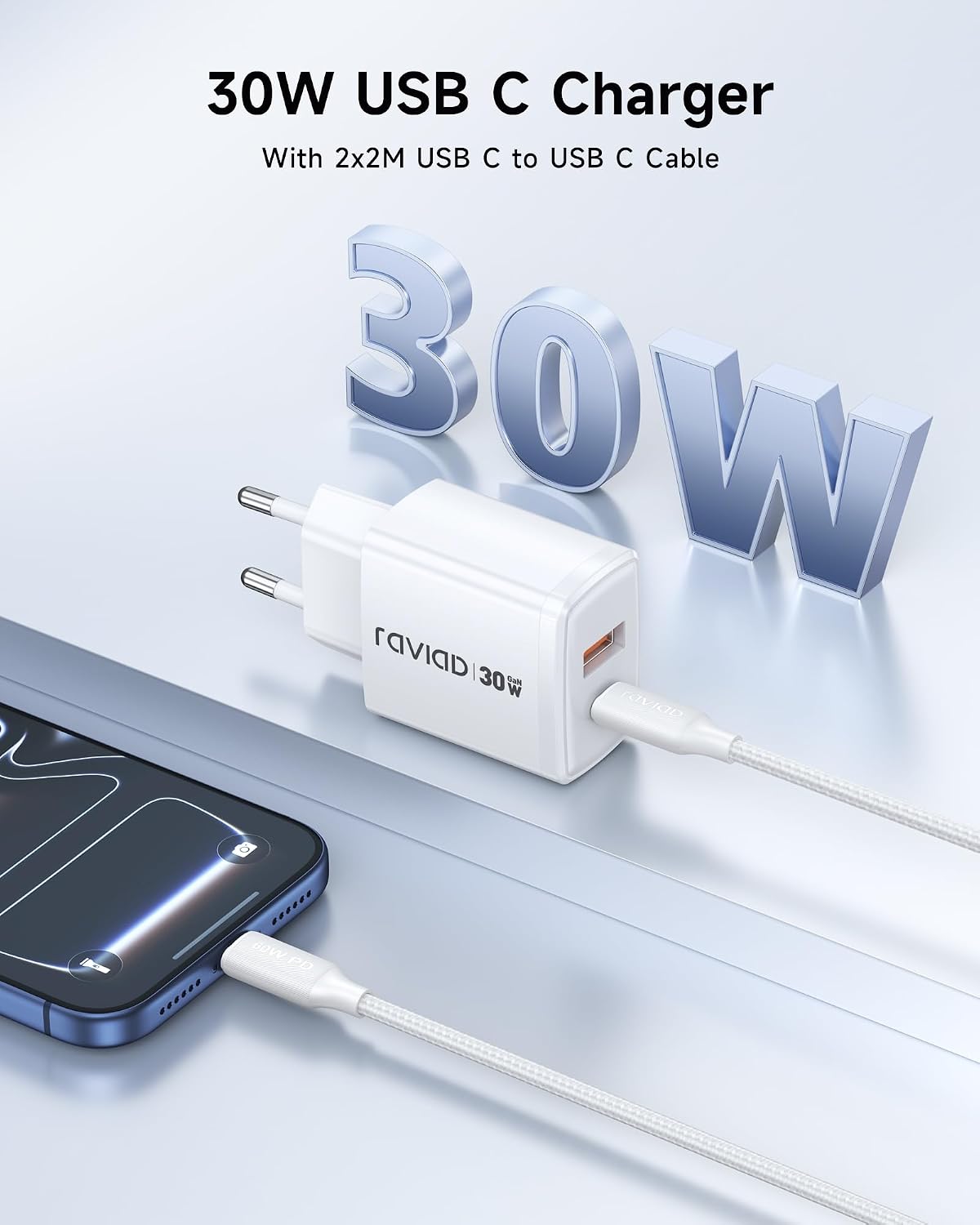 Detalle 2 de RAVIAD 30W USB-C Ladegerät Duo mit GaN Technologie – 2 Stück inkl. 2 m USB-C Kabel (60W)