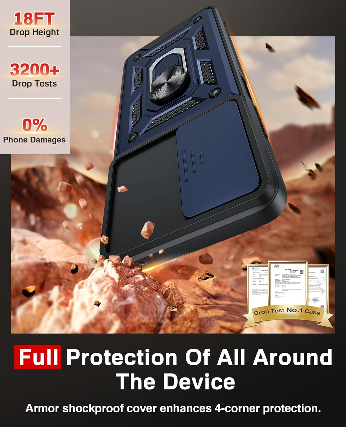 Thumbnail 4 de LeYi rugged phone case for Motorola Moto E15 4G / GO5 with sliding camera cover, ring stand & 2 screen protectors (Blue)