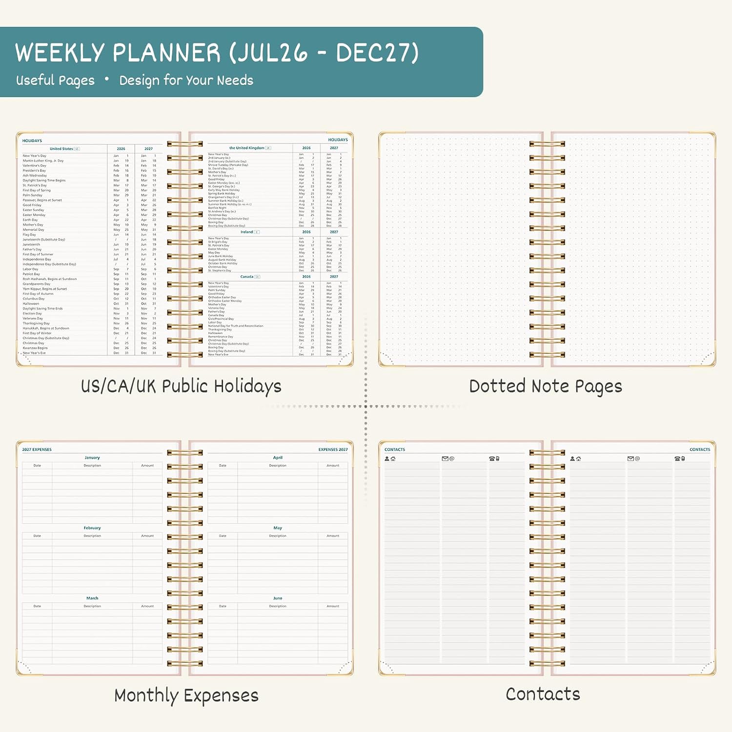 Detalle de BEZEND A5 Academic Diary 2026-2027: Week to View, Floral Pink Hardcover
