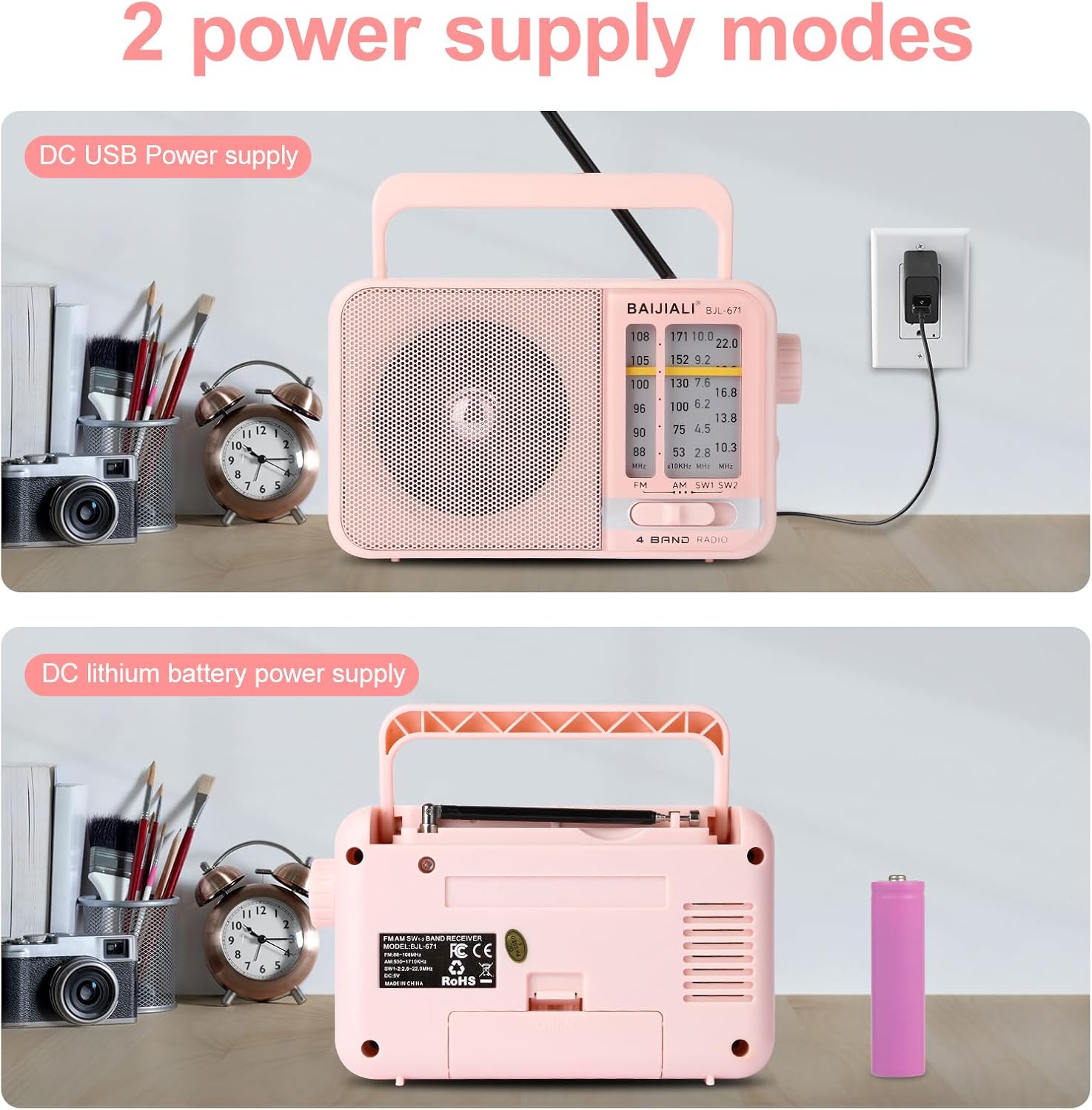 Thumbnail 3 de BAIJIALI BJL-671 Portable AM/FM/SW Radio, Pink, USB-C Rechargeable
