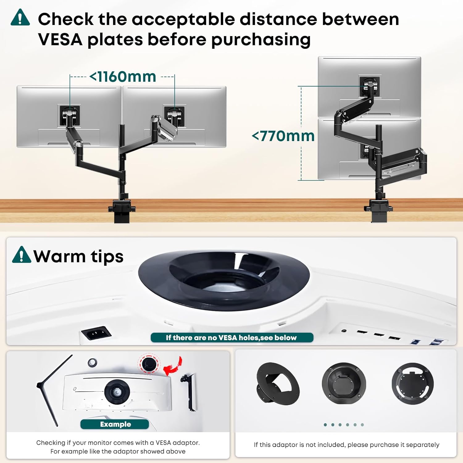 Thumbnail 3 de Dual Monitor Arm Heavy Duty (24–57in) – Aluminium stacked mount, fully adjustable vertical stand, VESA 75/100/200mm, black