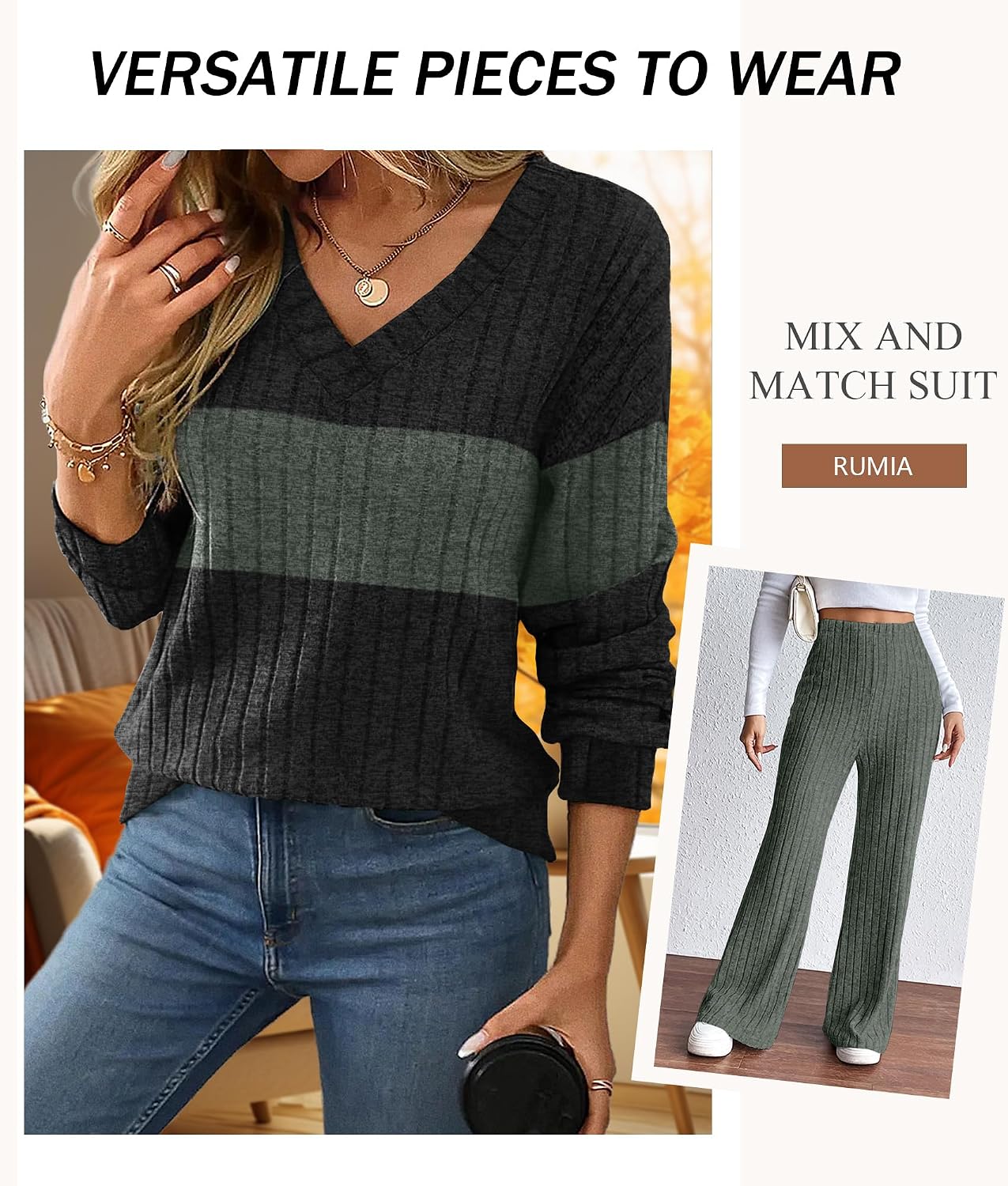 Detalle de RUMIA Women's Lounge Set with V-Neck Top, Wide-Leg Pants and Pockets