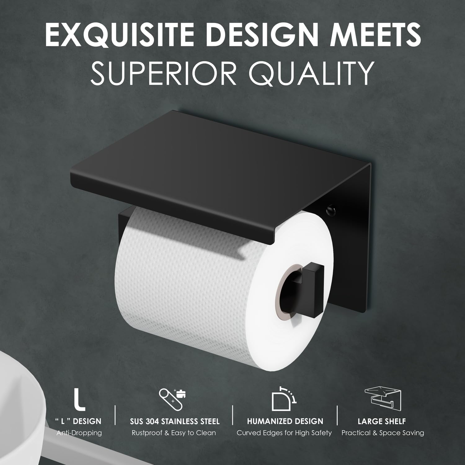 Thumbnail 5 de Auxmir Toilettenpapierhalter ohne Bohren – Edelstahl, Selbstklebend oder Schraubmontage, Ablage, Schwarz