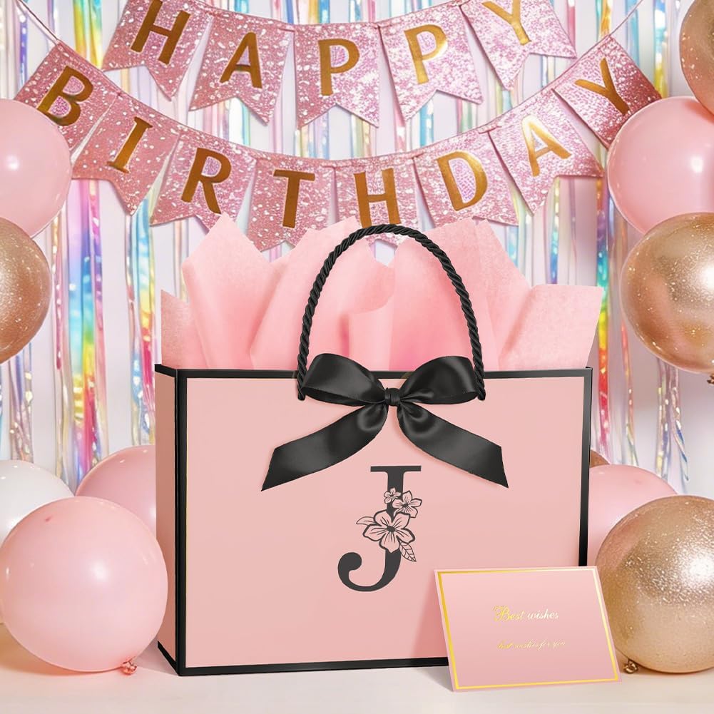 Thumbnail 5 de Vicloon Birthday Gift Bag, Pink and Black Letter J, with Bow and Card