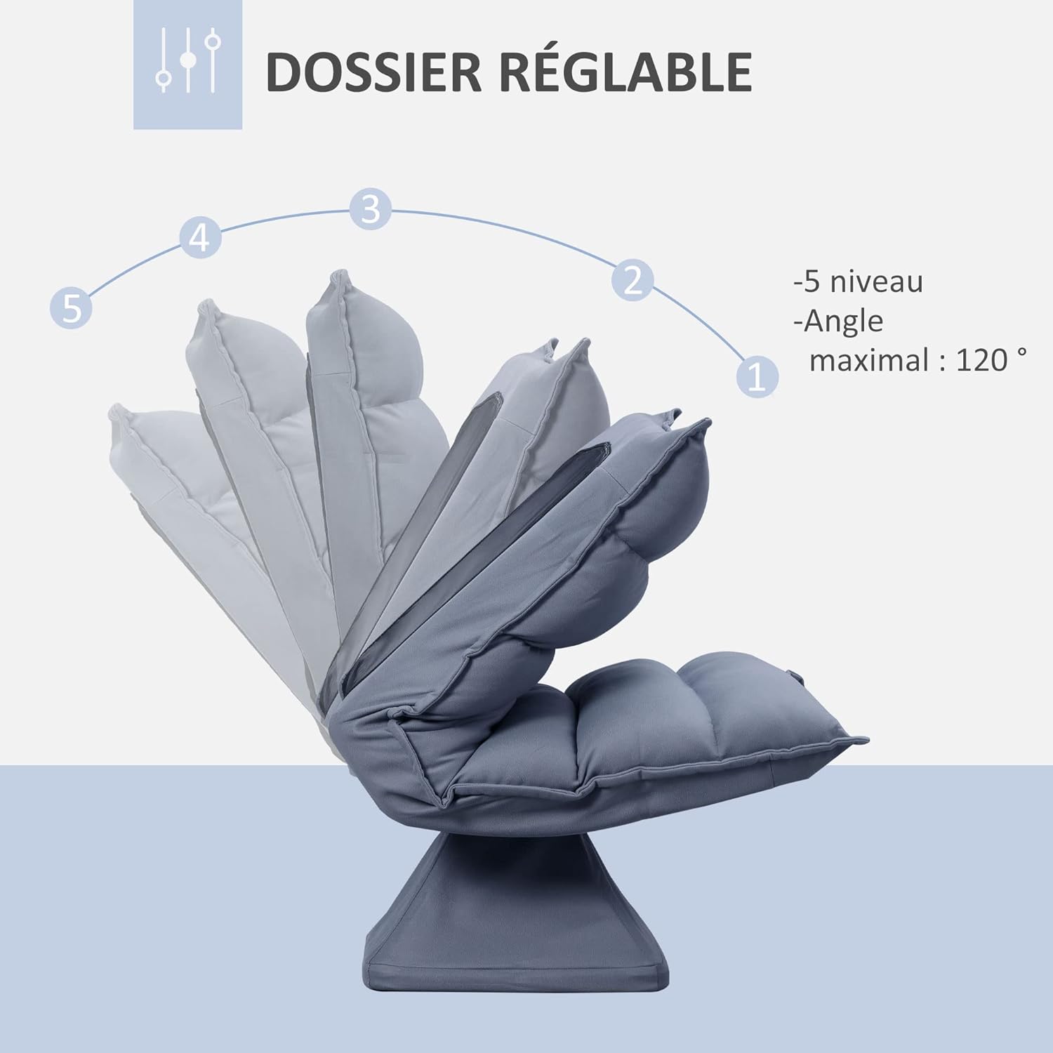 Detalle de HOMCOM Fauteuil de sol paresseux pivotant 360° avec dossier inclinable gris capitonné
