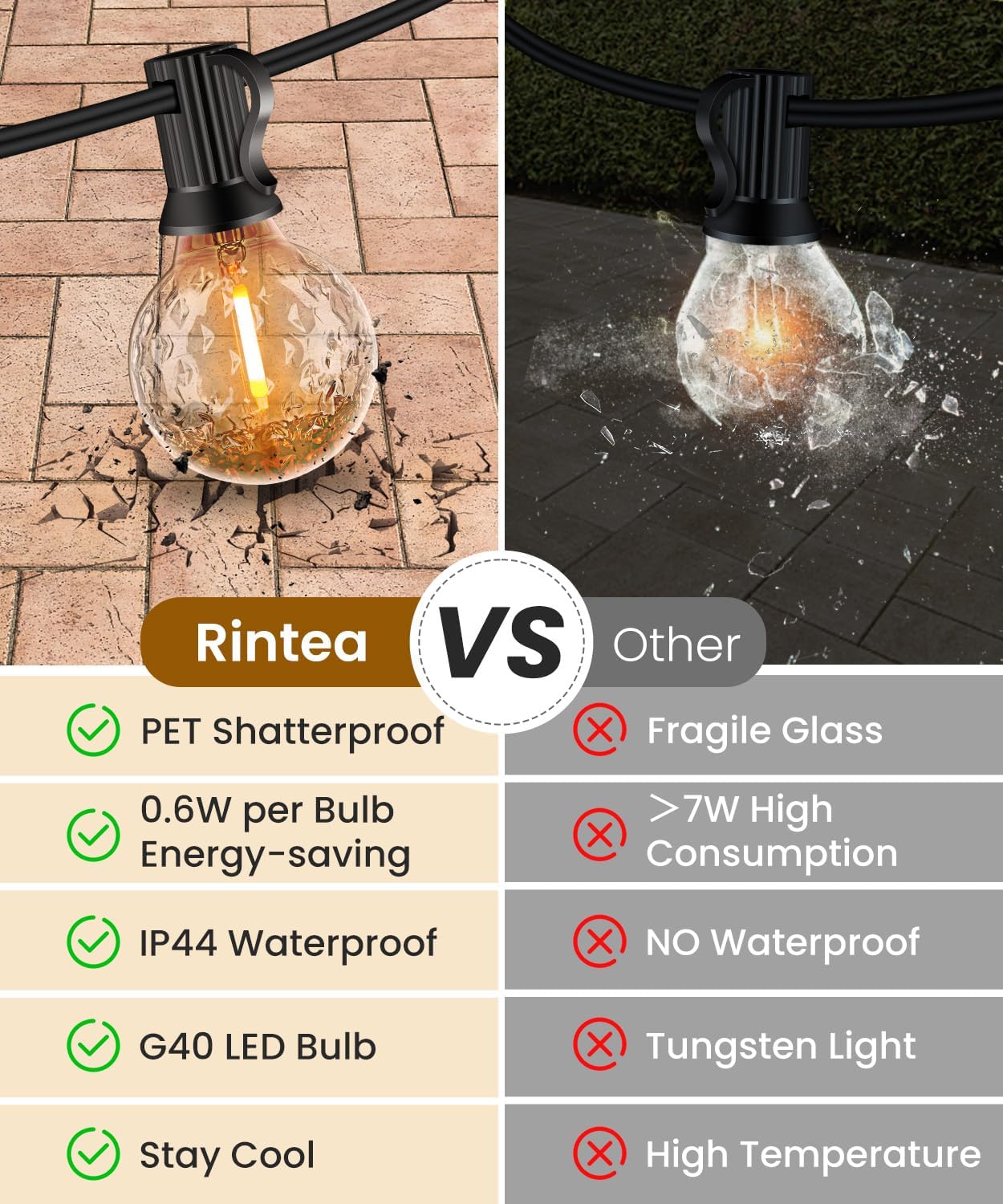 Detalle de Catena Luminosa Esterno 20M con 30+2 Lampadine LED Effetto Fragola – IP44, Bianco Caldo 2700K
