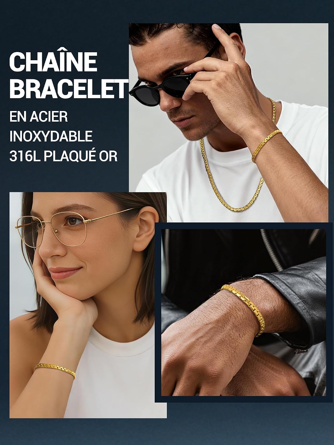 Thumbnail 1 de PROSTEEL Chaîne bracelet maillons plats 4 mm / 6 mm en acier inoxydable ou plaqué or, longueur 20 ou 22 cm