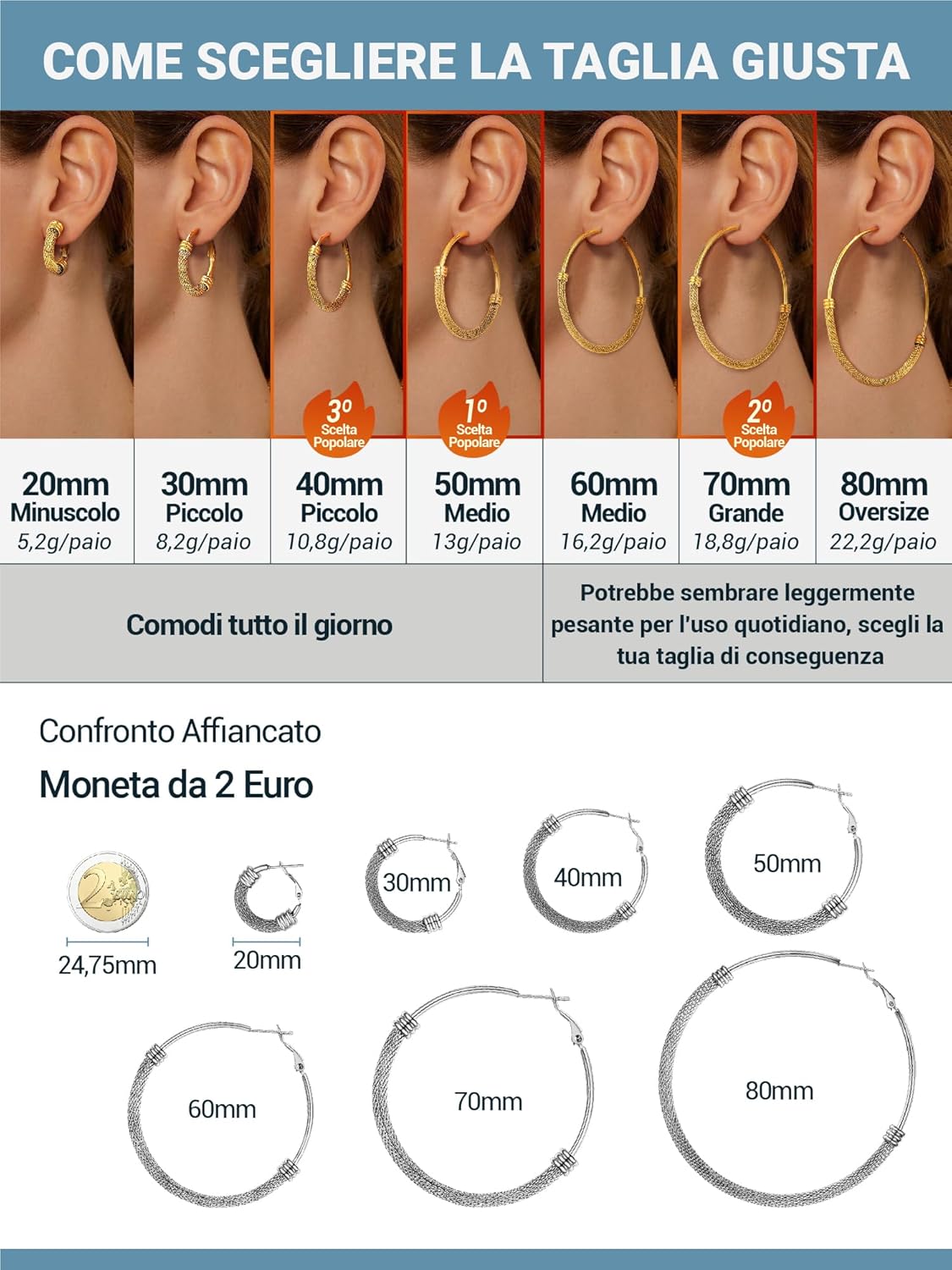 Thumbnail 5 de PROSTEEL Orecchini Cerchio a Maglia Metallica 20-80mm