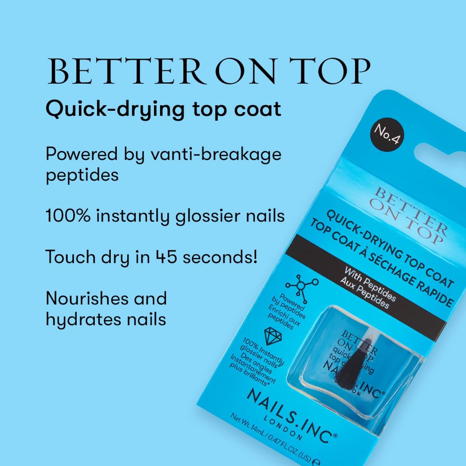 Detalle de Nails.INC Better On Top Quick Drying Top Coat (dries in 45 seconds) – peptide-enriched glossy finish
