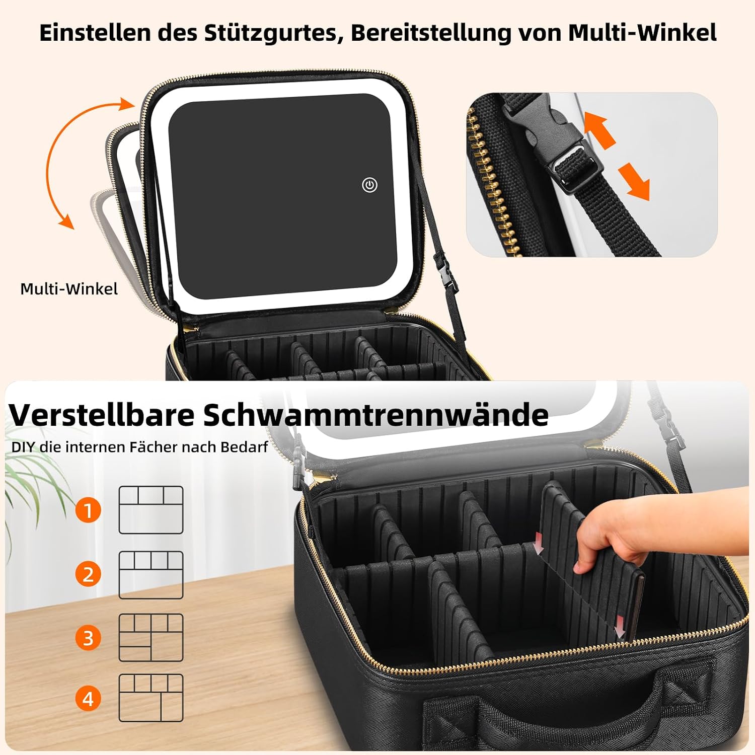 Detalle de Suupvaor Reisekosmetiktasche mit beleuchtetem Spiegel und 3 Farbmodi (dimmbares Licht)