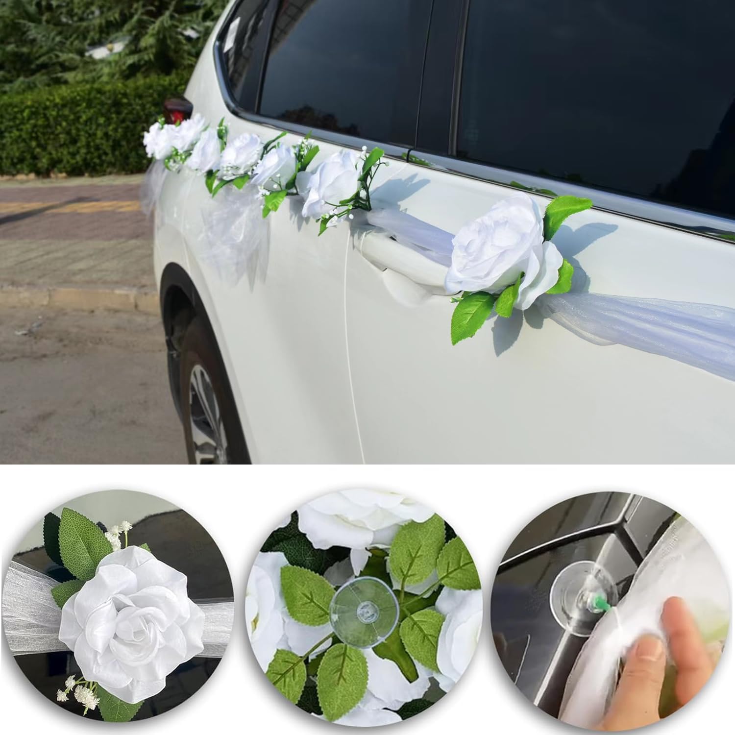 Thumbnail 4 de Chexin Autoschmuck Hochzeit Braut Paar Seidenblumen & Autogirlande Set mit 9 Saugnäpfen