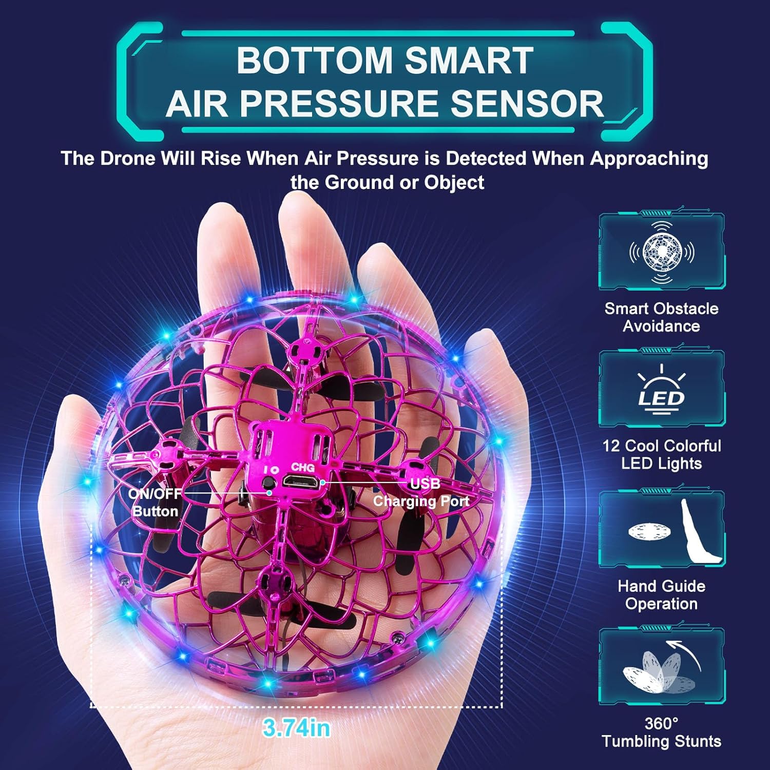 Detalle de ETPlanet Hand Operated Flying Toy Drone for Kids – 360° gesture control mini UFO with LED lights