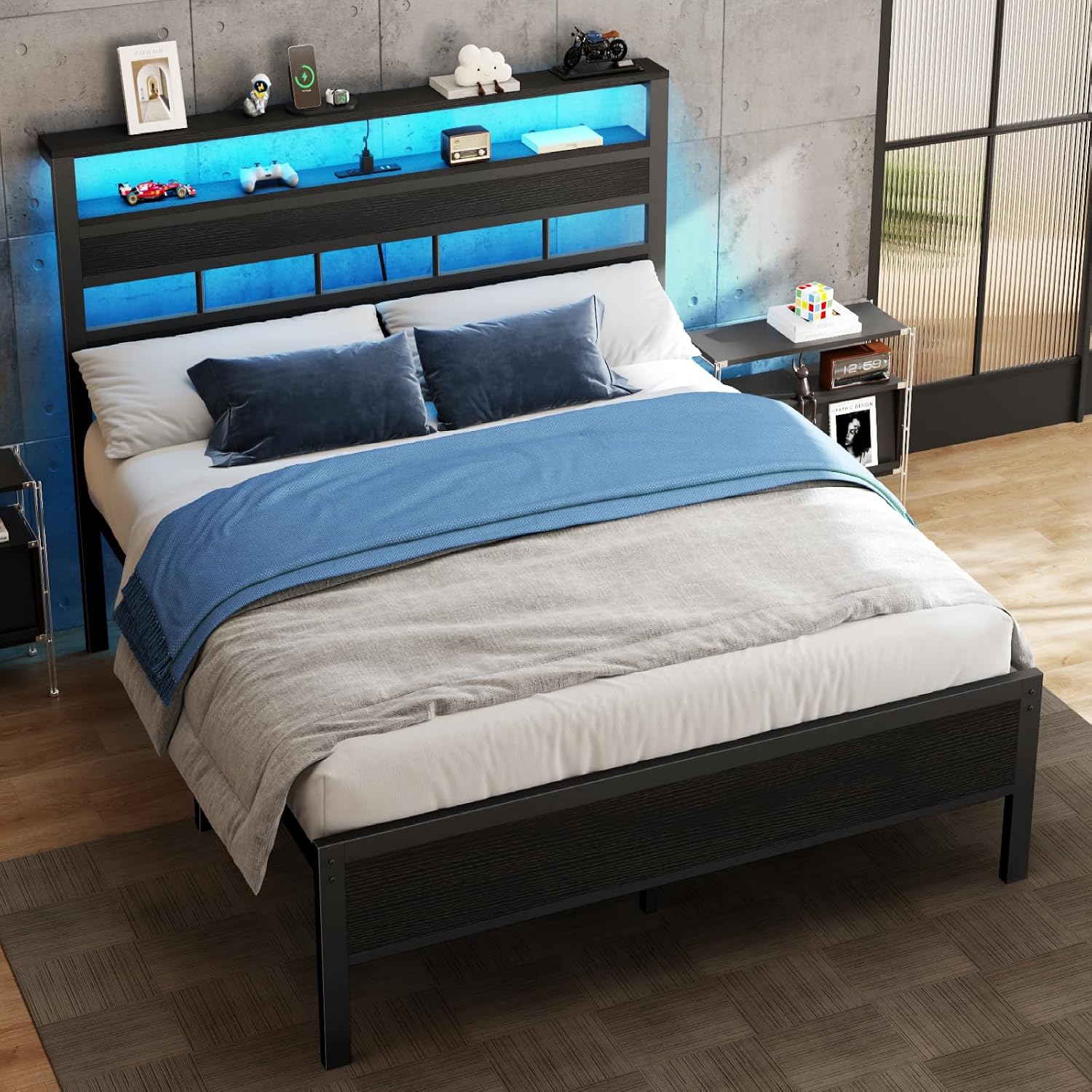 Detalle de Furnulem BF-015-F Full Bed Frame with RGB LEDs and Charging Headboard