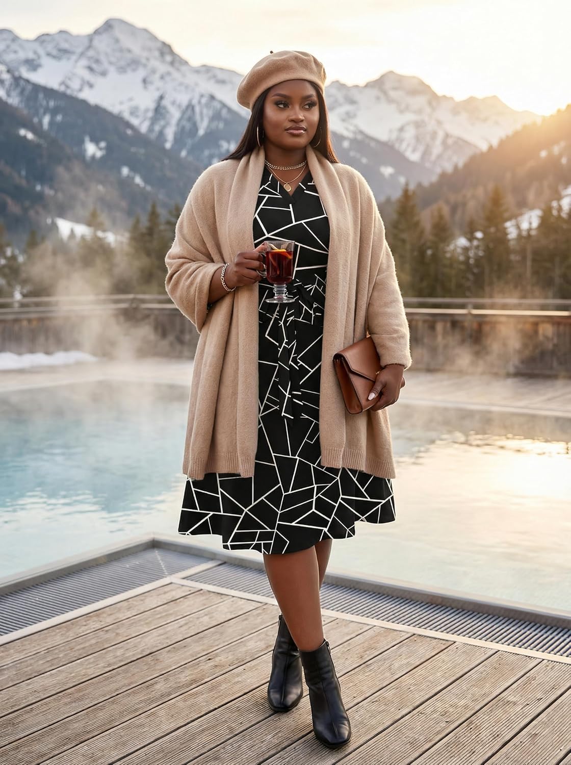 Thumbnail 4 de FANDEE Plus Size Midi Dress with African Print – 3/4 Sleeves, V-Neck, Pockets, Belt (L-5XL)