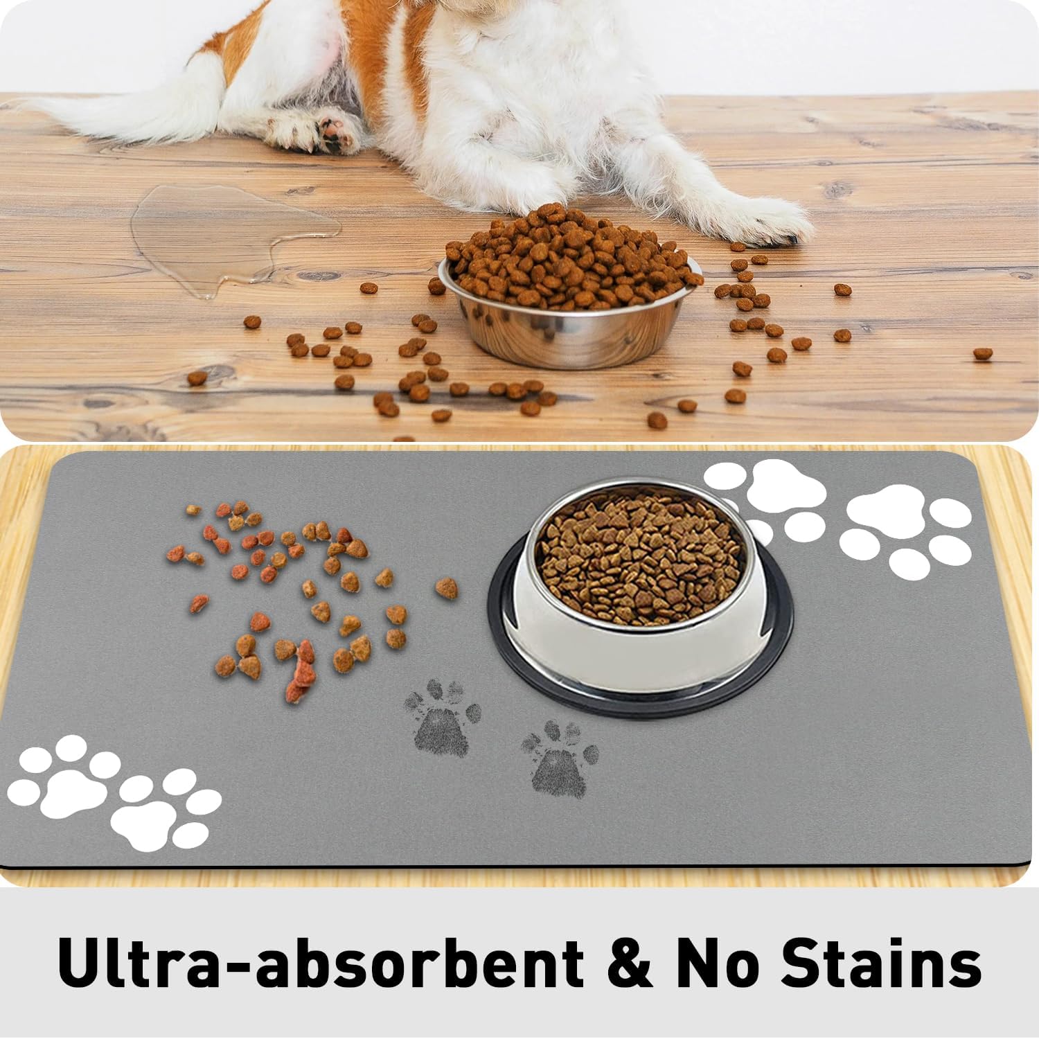 Detalle 2 de Lurowo Pet Feeding Mat Super Absorbent Dog & Cat Bowl Mat (Light Grey, 43 x 75cm) – Two Pairs of Paws Pattern
