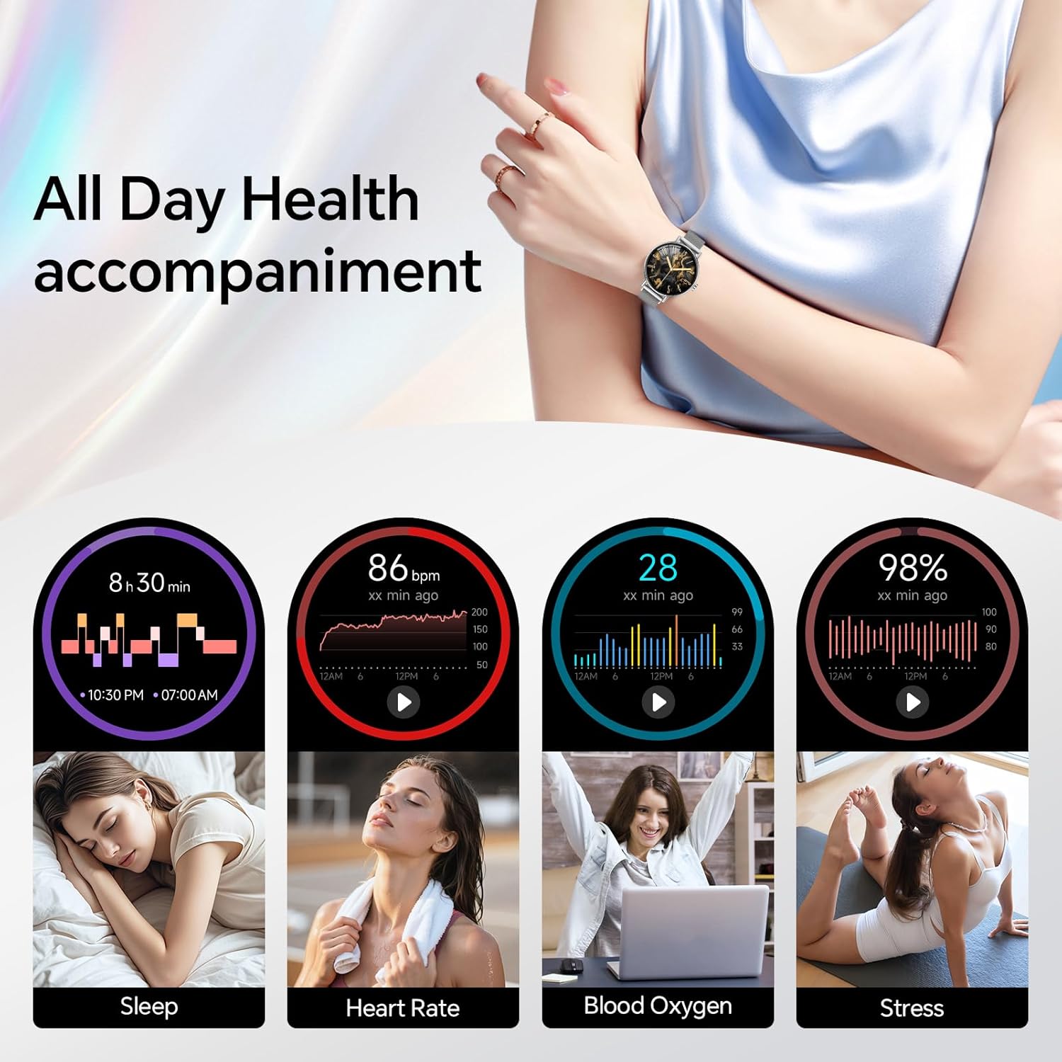Thumbnail 1 de Smart Watches for Women 1.27" HD 43mm Round Fitness Tracker with Bluetooth Calling, SpO2 & IP68 (Silver)