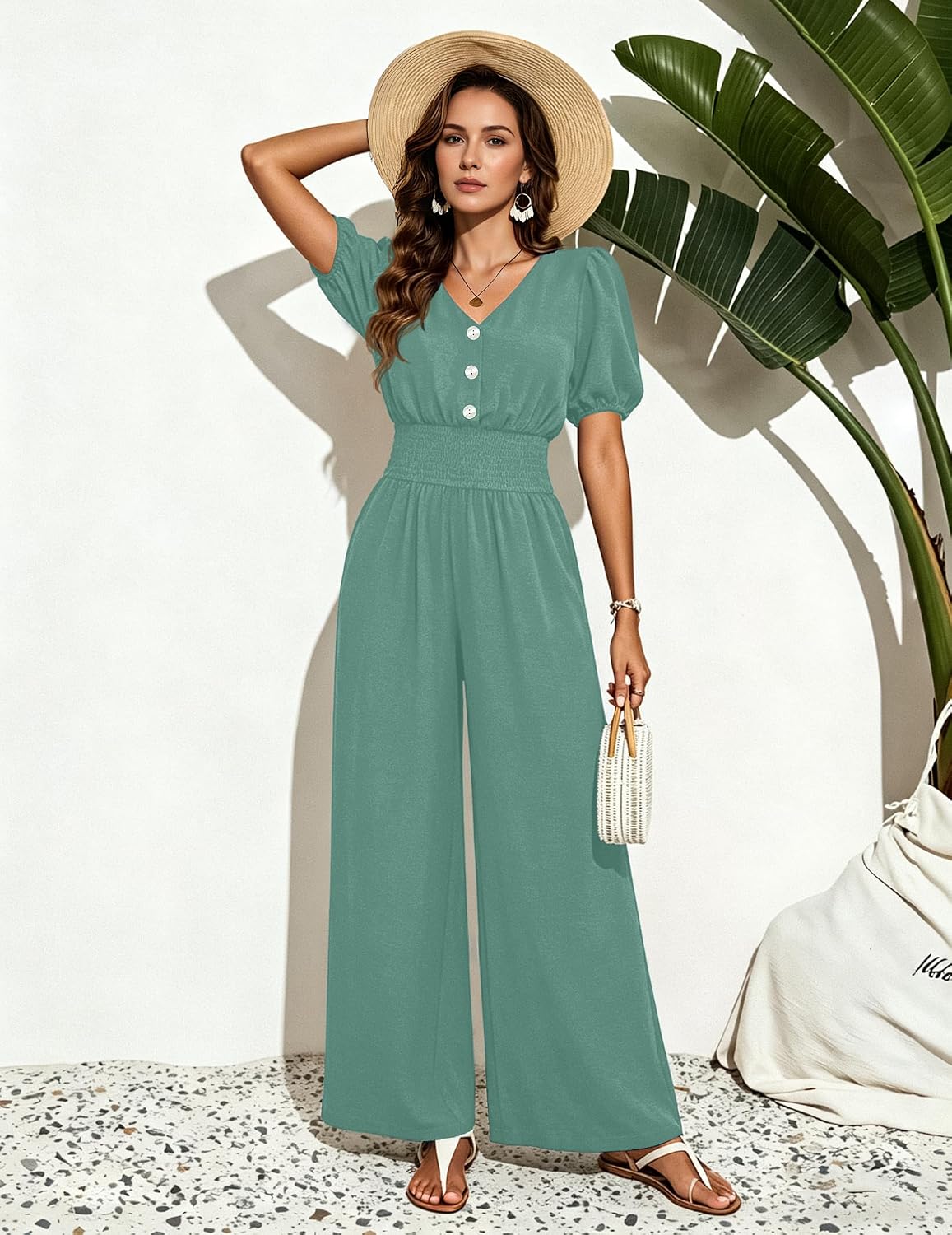 Thumbnail 1 de LOOKBOHO Womens Jumpsuits: Short Sleeve V-Neck Wide Leg Romper for Summer 2026