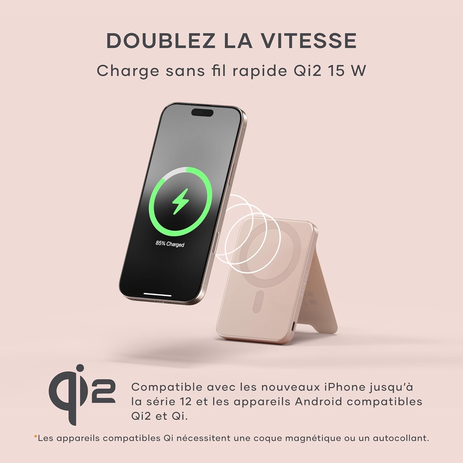 Thumbnail 1 de SATECHI OntheGo™ Batterie Externe MagSafe 5000 mAh Qi2 avec support pliable (rose) — charge rapide jusqu’à 15 W