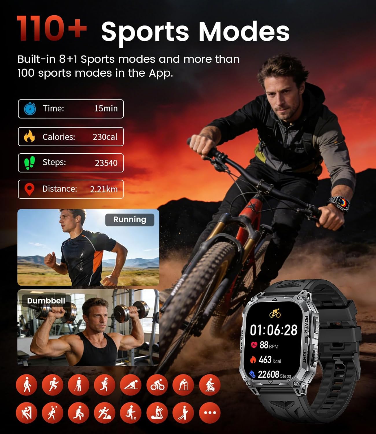 Thumbnail 5 de CHOOSETIME TX13 Montre Connectée Homme Militaire – Écran HD 2,01'', IP68, 100+ Modes Sportifs
