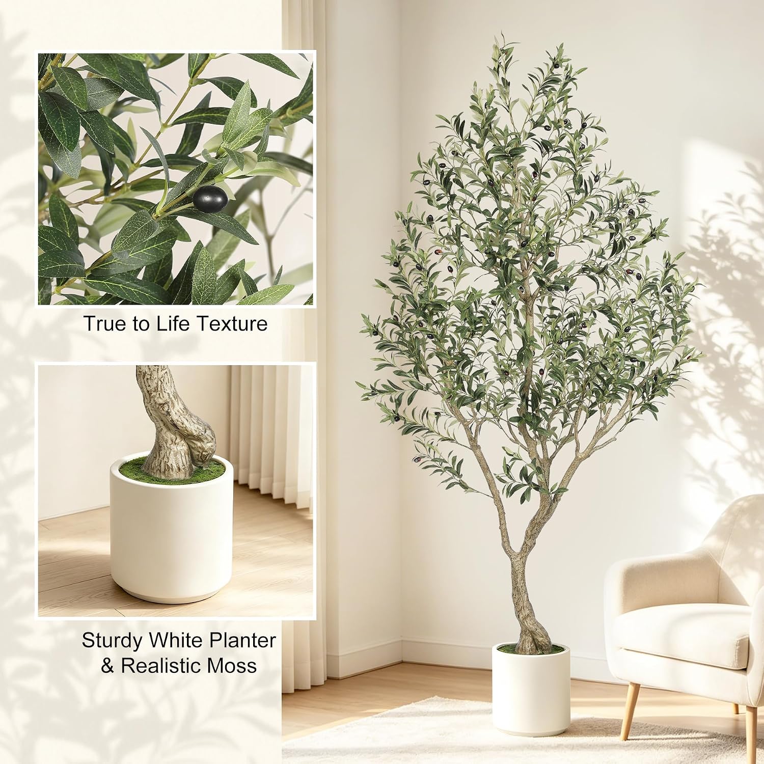 Detalle 2 de LYERSE 7 ft Faux Olive Tree with White Planter, Lifelike Leaves and Fruit