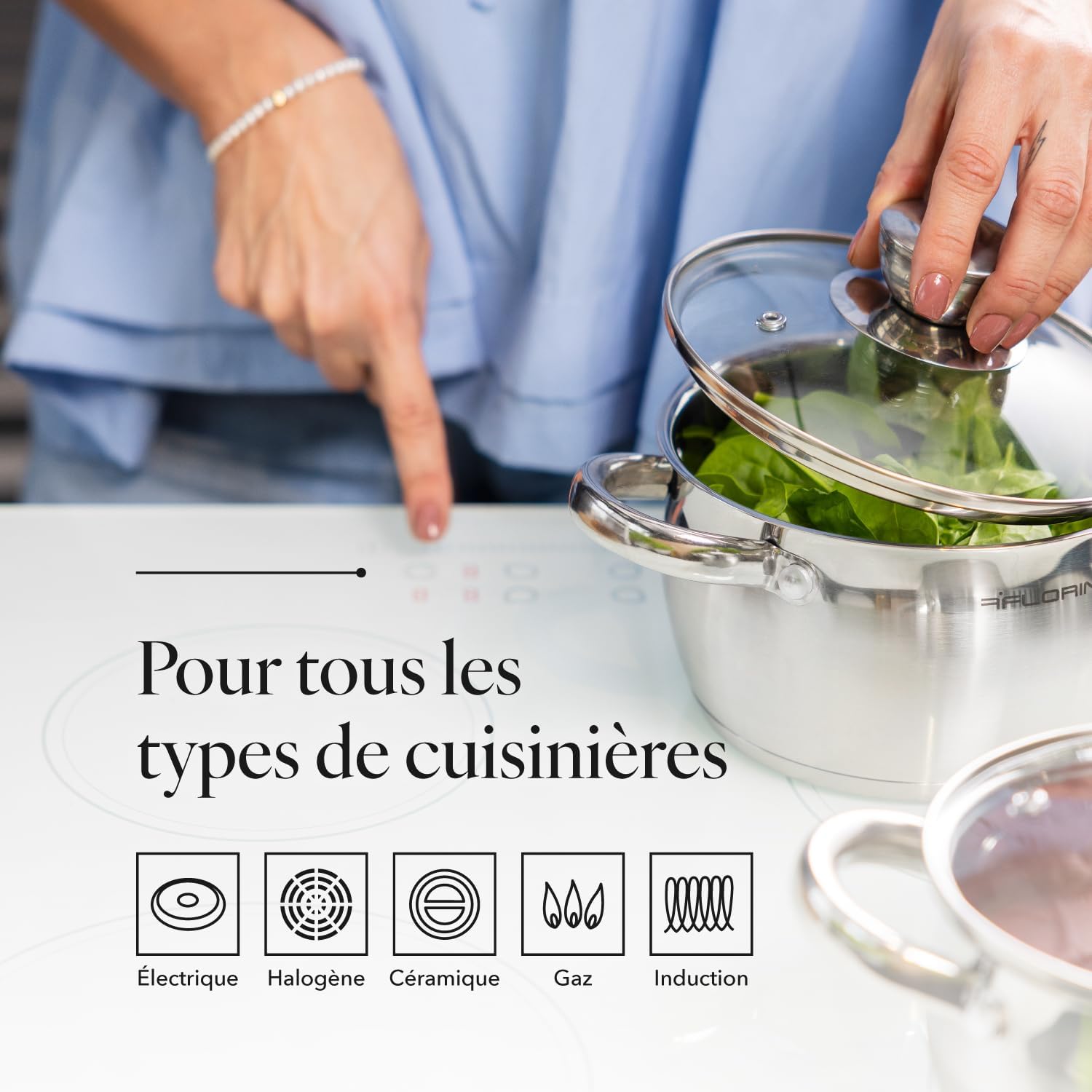 Detalle de FLORINA Faitout Inox (6 l) – Marmite inox 24 cm avec couvercle en verre, compatible induction et lave-vaisselle