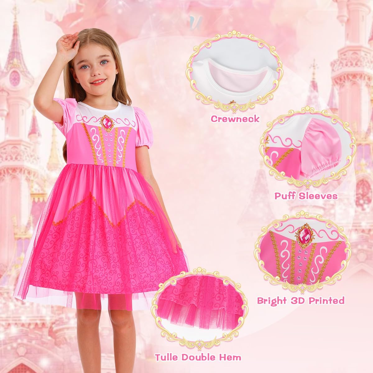 Detalle 2 de Benylion Princess Dress for Girls, Tulle Skirt, Puff Sleeves and Printed Details