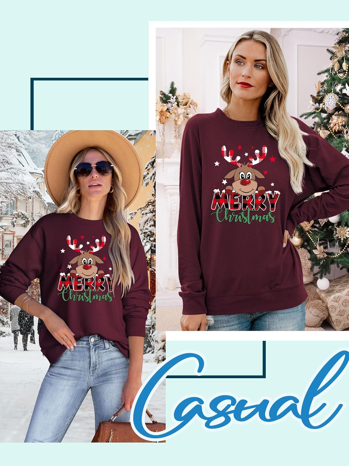 Detalle de Yihelian Damen-Sweatshirt mit Rentier-/Elch-Motiv aus Baumwolle – Rundhals-Weihnachtspulli