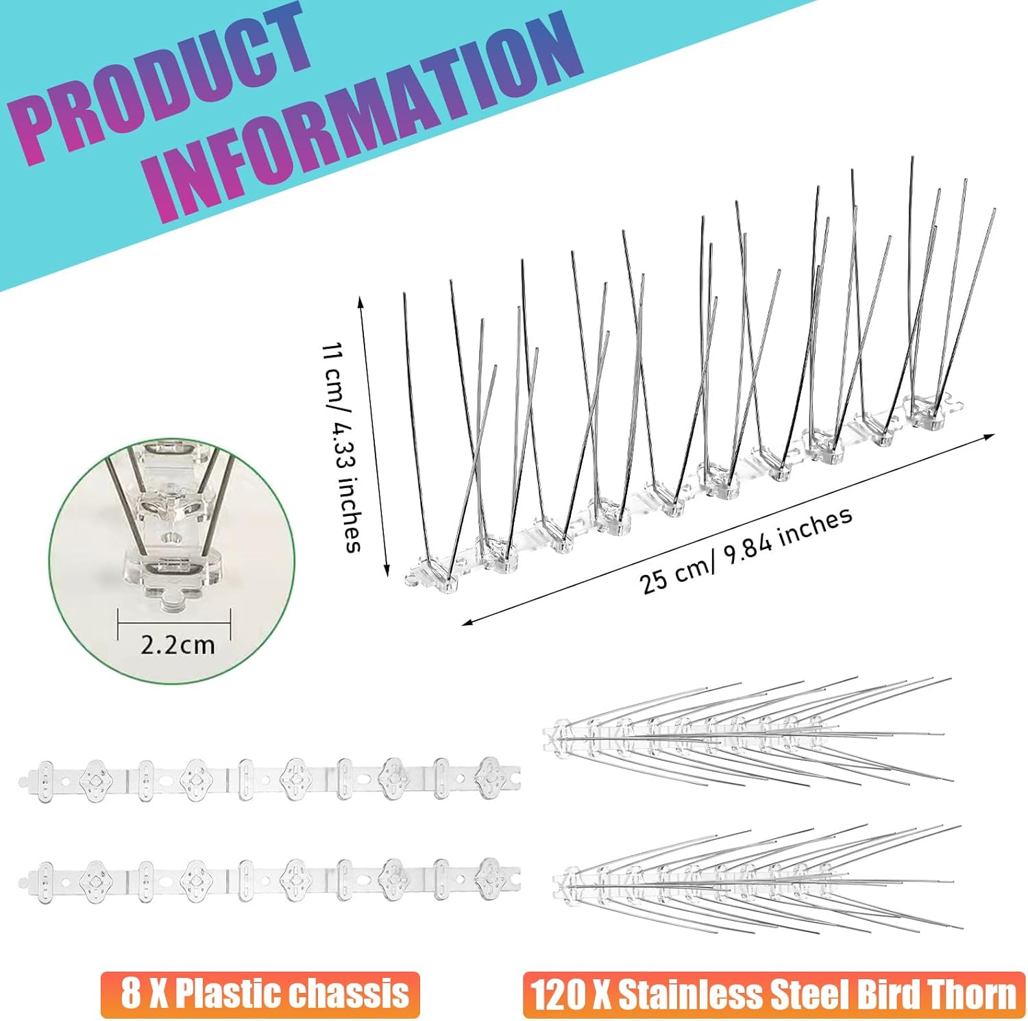 Thumbnail 1 de 8Pcs Bird Spikes, Pigeon Spikes Kit Cover 2M – Humane Bird Deterrent for Gardens, Balconies and Roofs