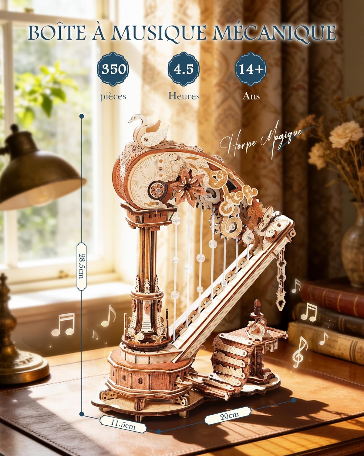 Detalle de ROKR Boîte à musique 3D en bois - Harpe magique : puzzle mécanique en bois pour adultes