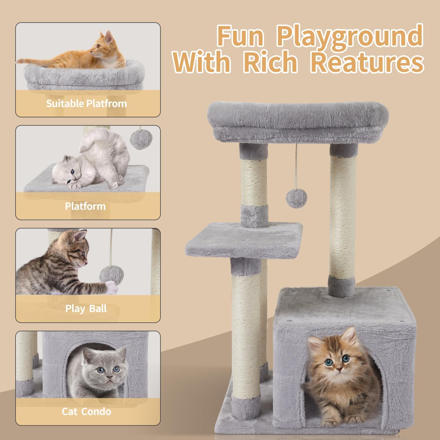 Thumbnail 3 de FISH&NAP Cute Cat Tree Kitten Tower with Sisal Scratching Posts and Jump Platform (Indoor Cat Condo, Grey)