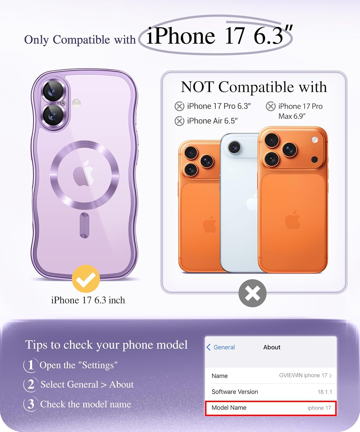 Thumbnail 1 de GVIEWIN iPhone 17 Case 6.3" Clear Lilac
