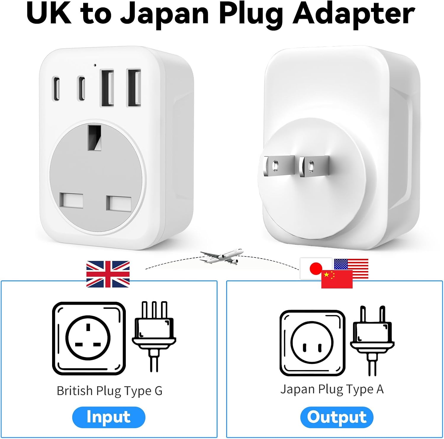Detalle de 5 in 1 UK to Japan Travel Adapter with 2 USB-C and 2 USB-A Ports, 1 AC Outlet (100V-240V) – Type G to Type A