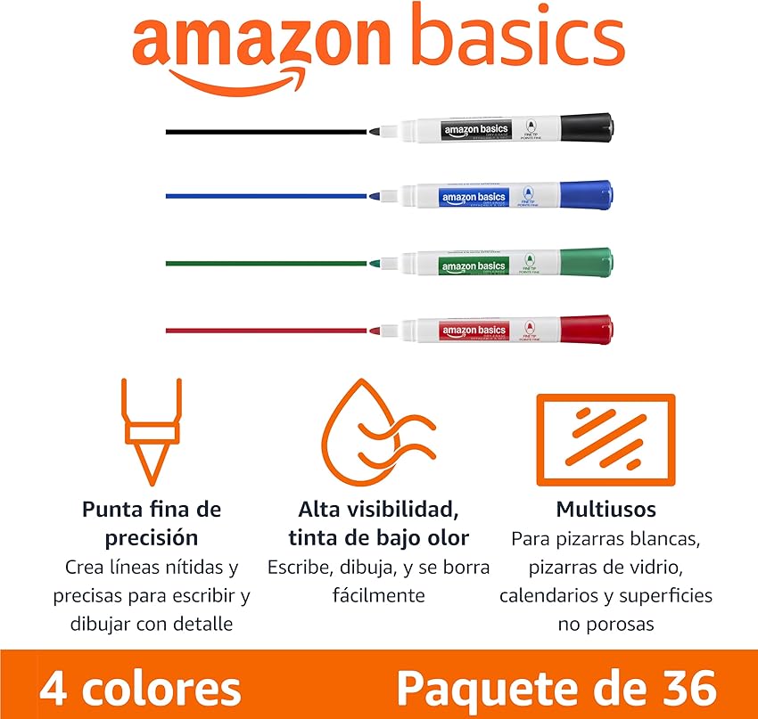 Detalle 2 de Amazon Basics Low-Odor Dry Erase, punta fina 36 unidades 🖊