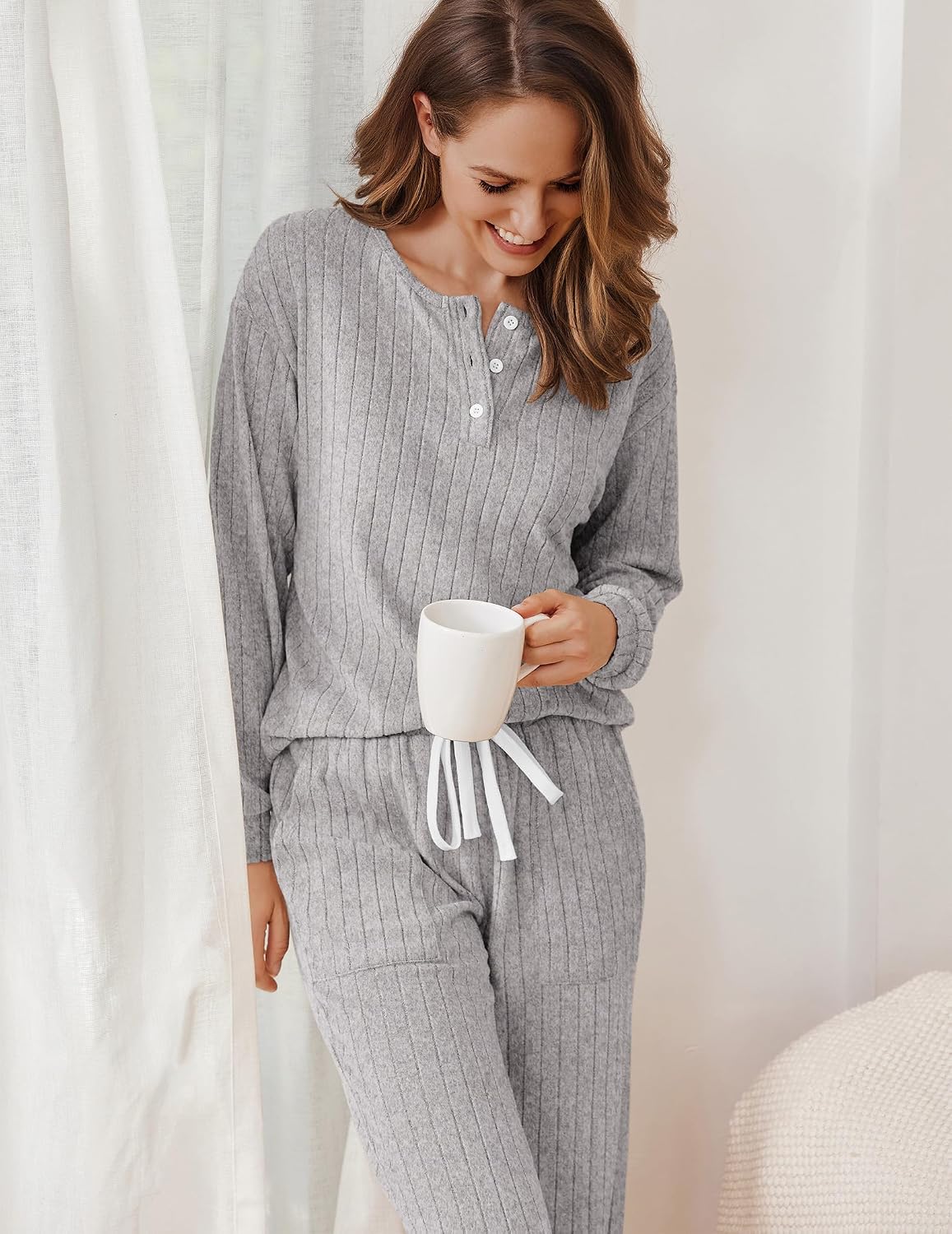Detalle de Ekouaer Women's Pajama Set, Ribbed Knit