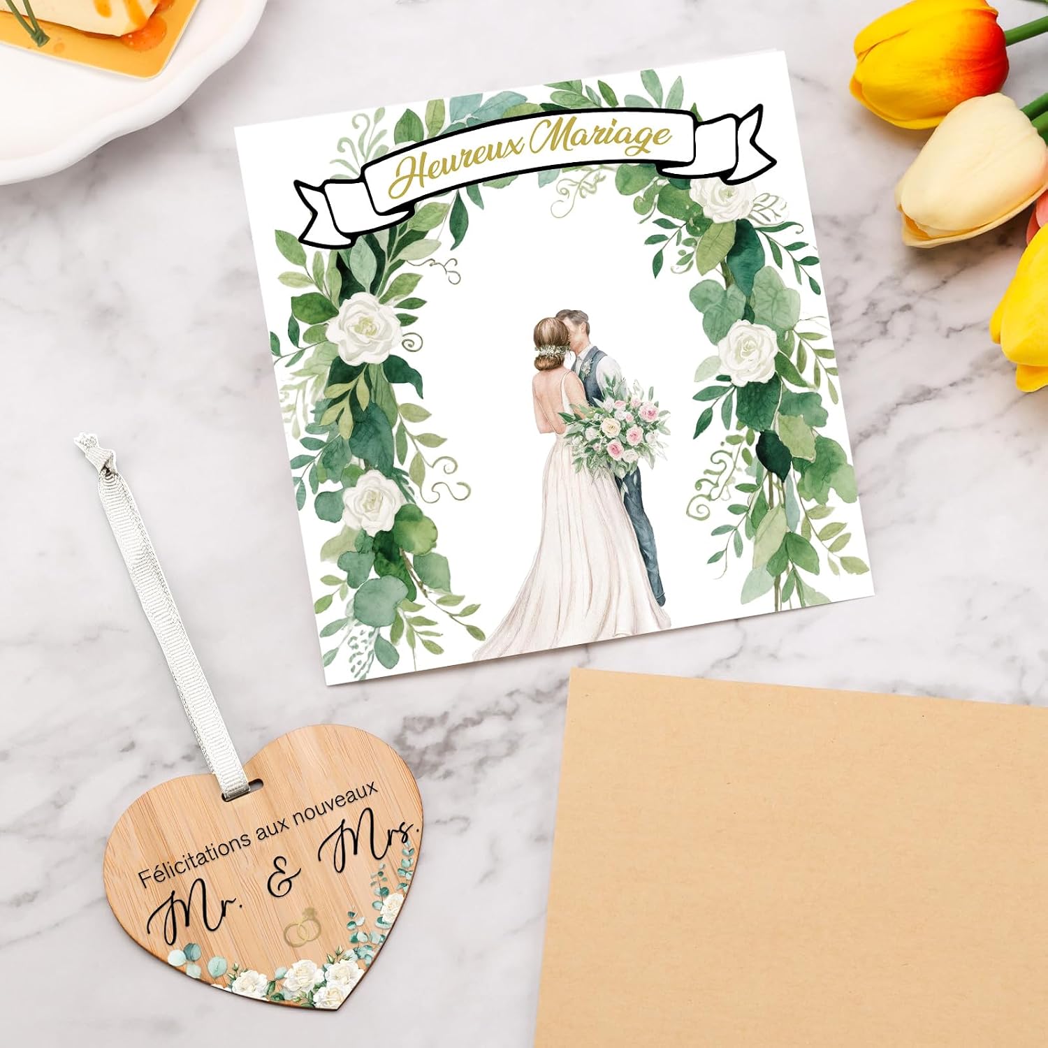 Detalle 2 de TheGiffter Carte Mariage Félicitation – Carte de Vœux avec cœur en bois et enveloppe, 15 × 15 cm