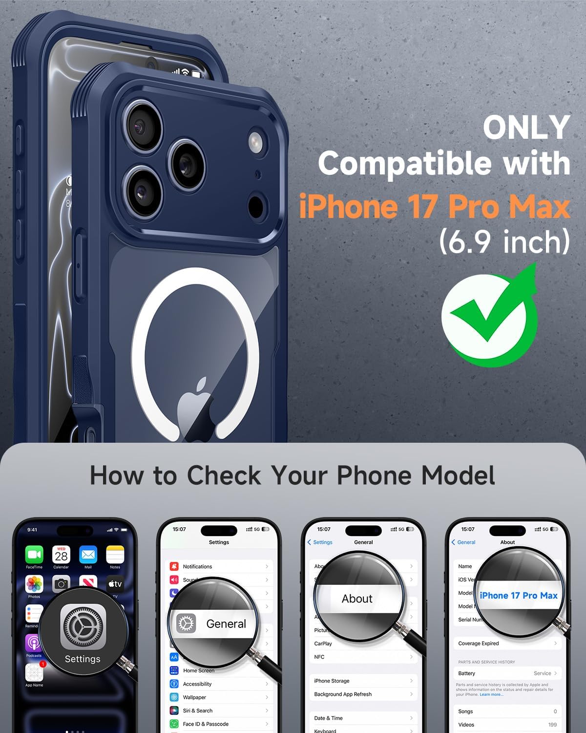 Thumbnail 6 de seacosmo Magnetic Case for iPhone 17 Pro Max with MagSafe — 9H Tempered Glass Screen Protector & Camera Protection (Blue)