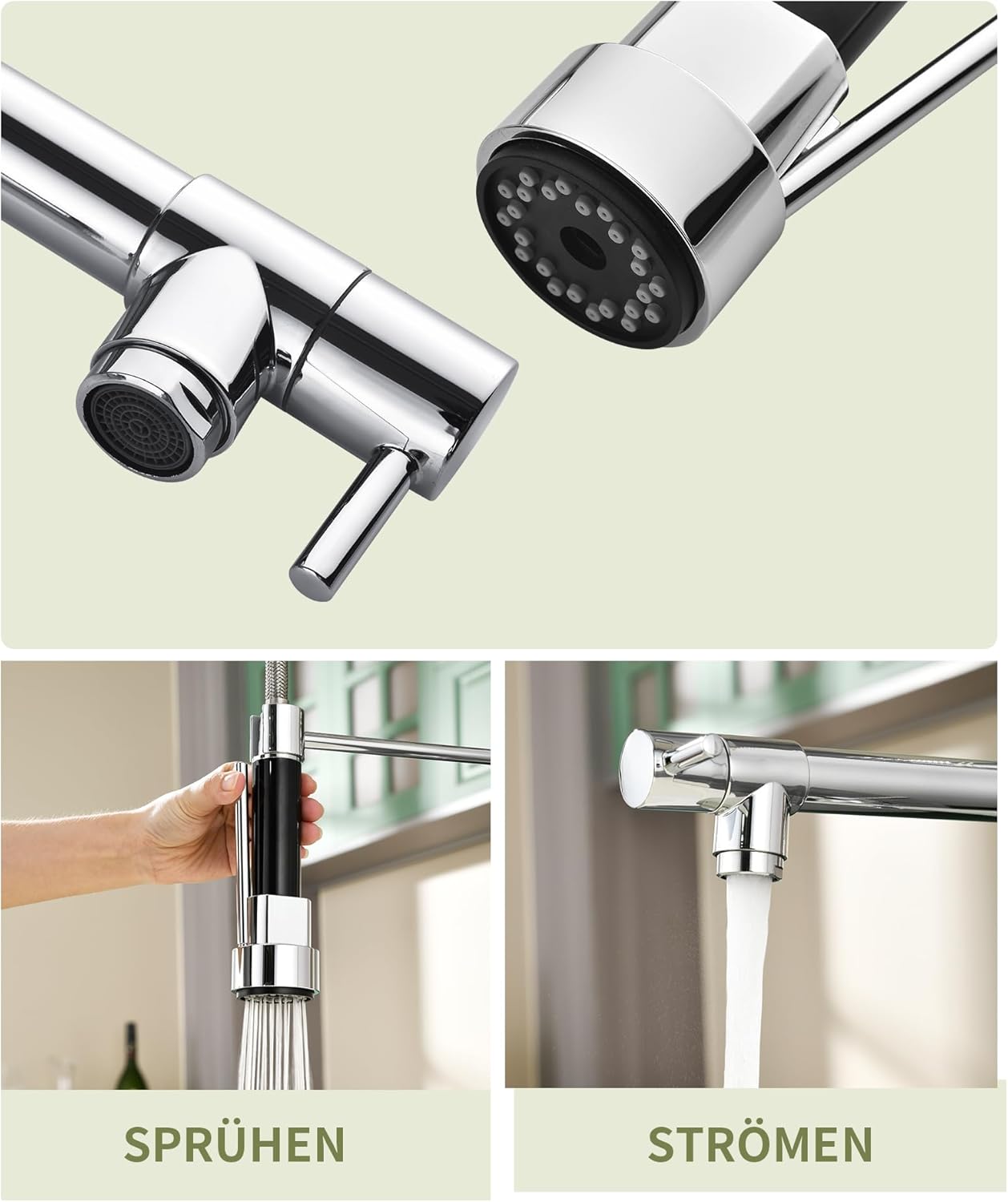 Detalle de Robinet de cuisine avec douchette extractible et rotation à 360° — Mitigeur haute pression en acier inoxydable 304