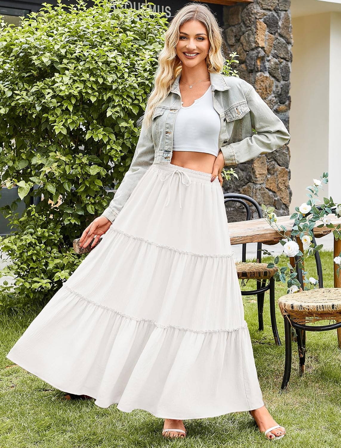 Thumbnail 2 de Arolina Women's Summer Maxi Skirt with Pockets, High-Waist Pleated Ruffle Tiered Flowy Boho Style