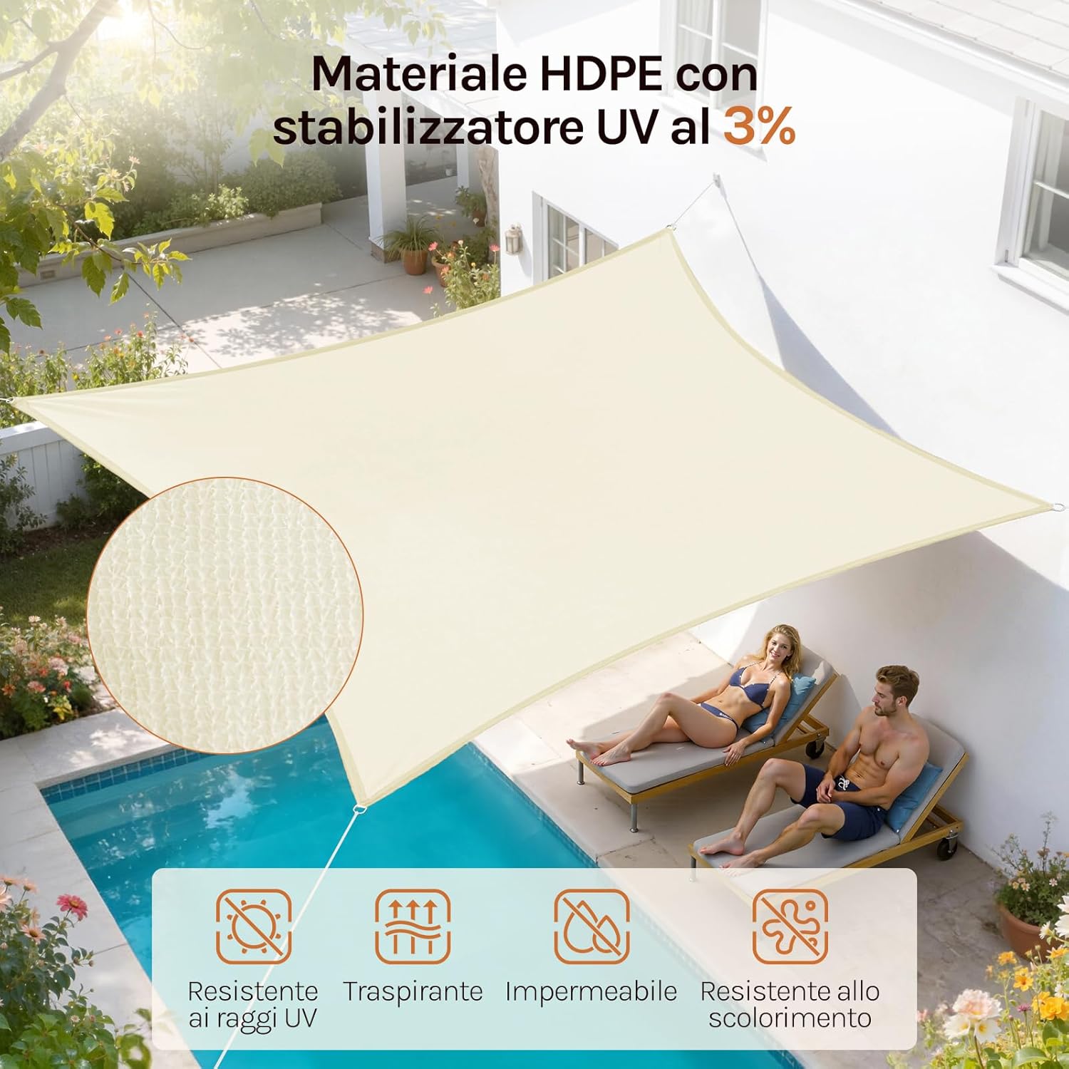 Thumbnail 4 de WOLTU Vela ombreggiante 3x5 m in HDPE 180 g/m² traspirante anti-UV beige