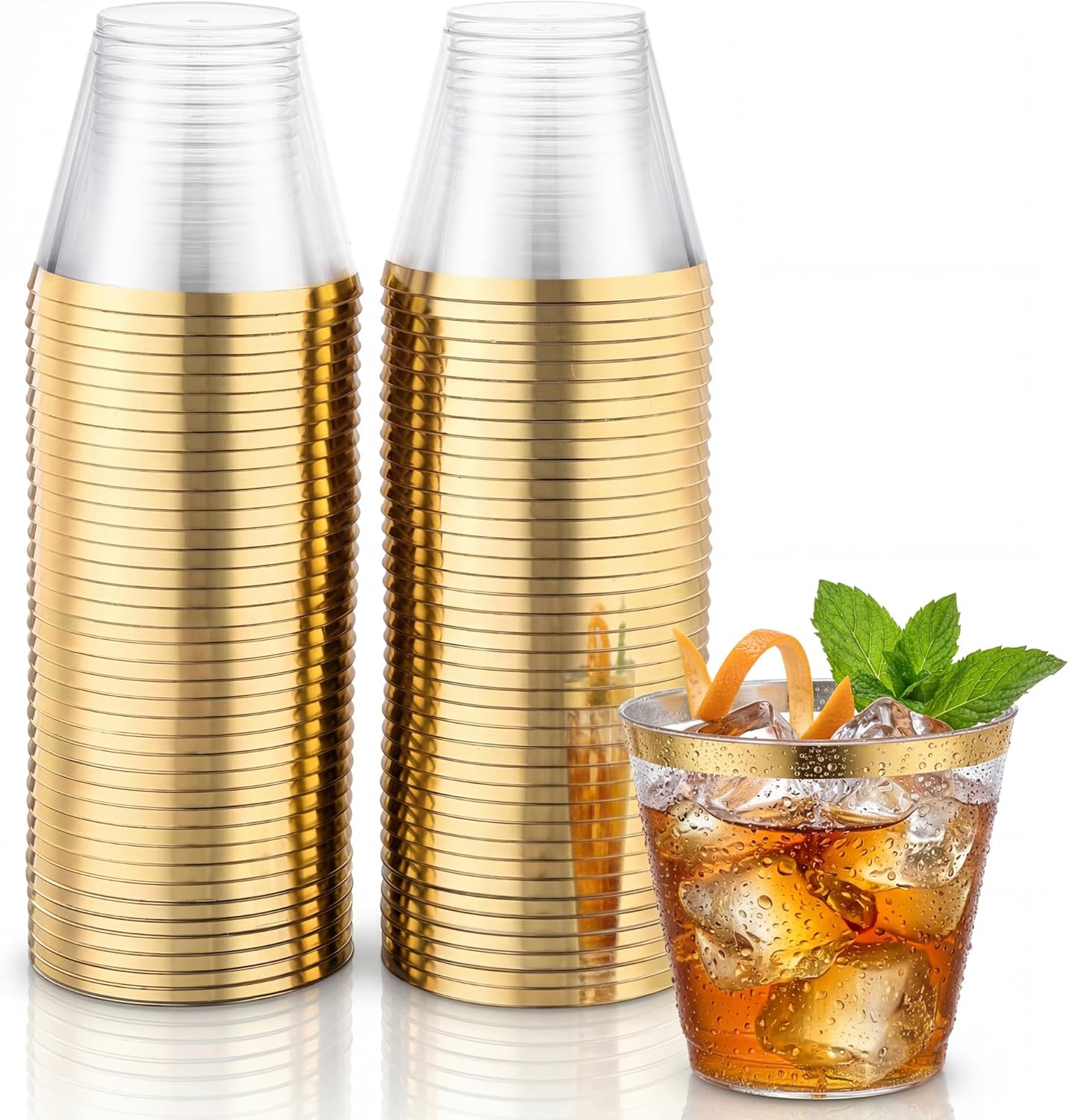 Detalle de Hioasis 200Pcs Clear Plastic Cups with Gold Trim (9OZ), BPA-Free Disposable Party Cups