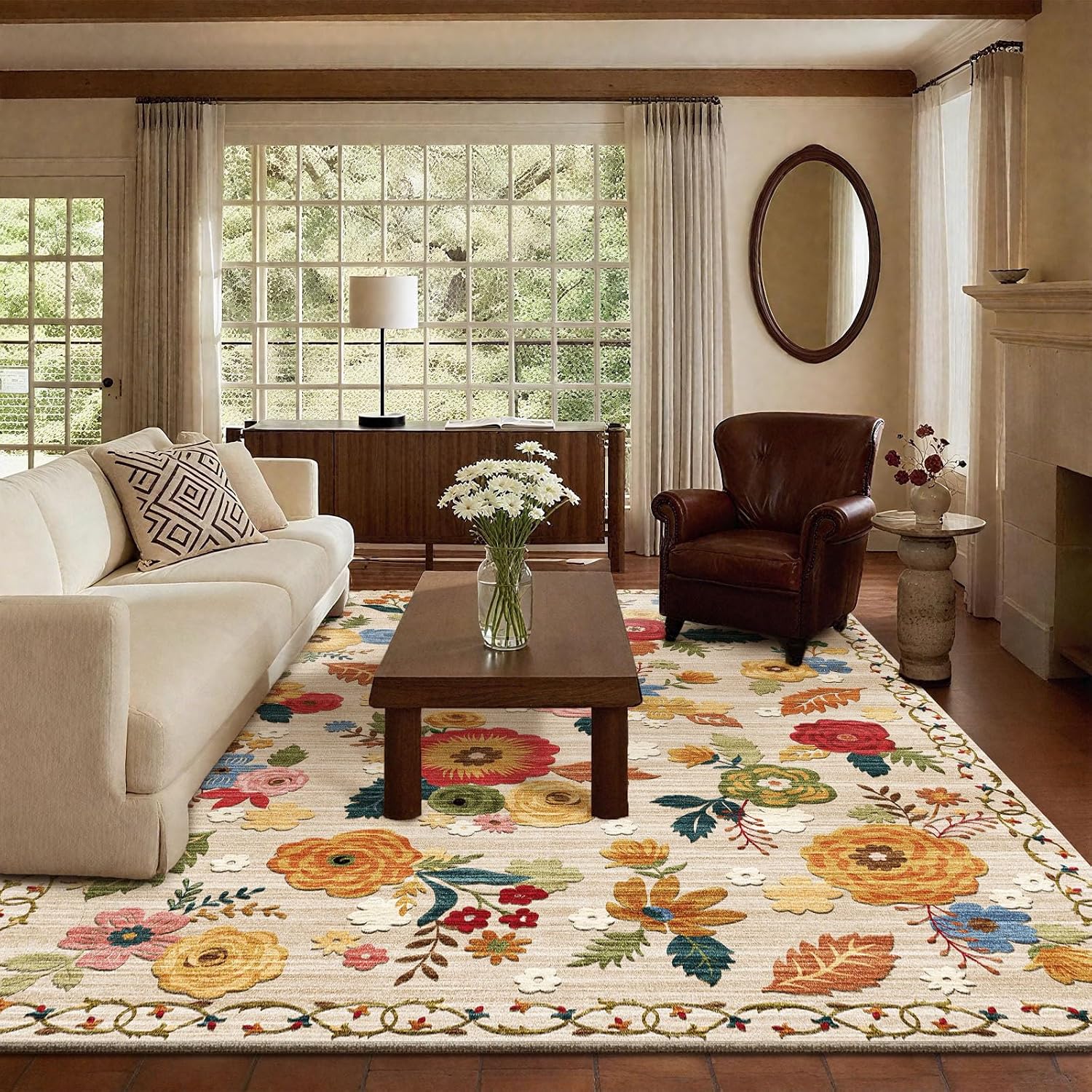 Thumbnail 5 de 9x12 Area Rug for Living Room – Washable, Non-Slip, Low-Pile Faux Wool with Distressed Vintage Floral